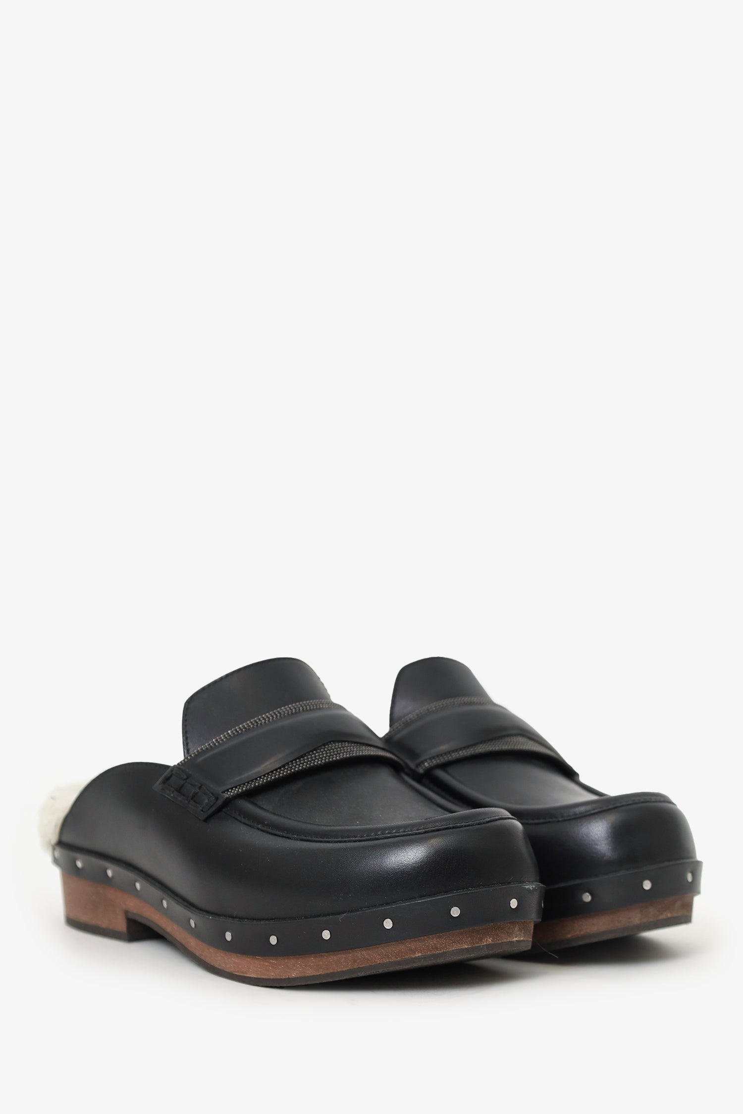 Brunello Cucinelli Black Shearling-Lined Leather Clogs Size 36