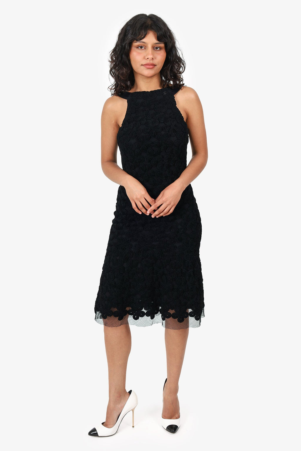 Pre-Loved Chanel™ Black Wool Flower Knit Sleeveless Dress Size 36