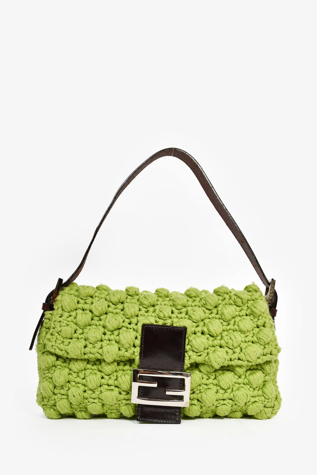 Fendi Green/Brown Crochet/Leather Baguette Shoulder Bag