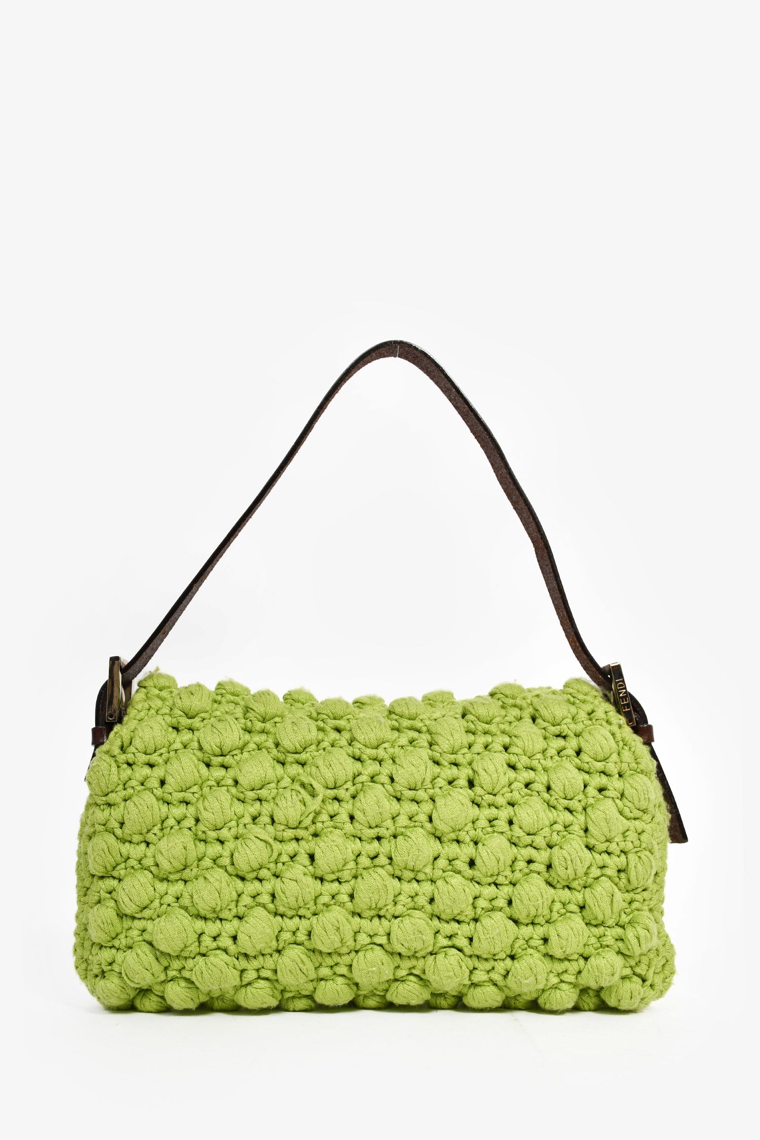 Fendi Green/Brown Crochet/Leather Baguette Shoulder Bag