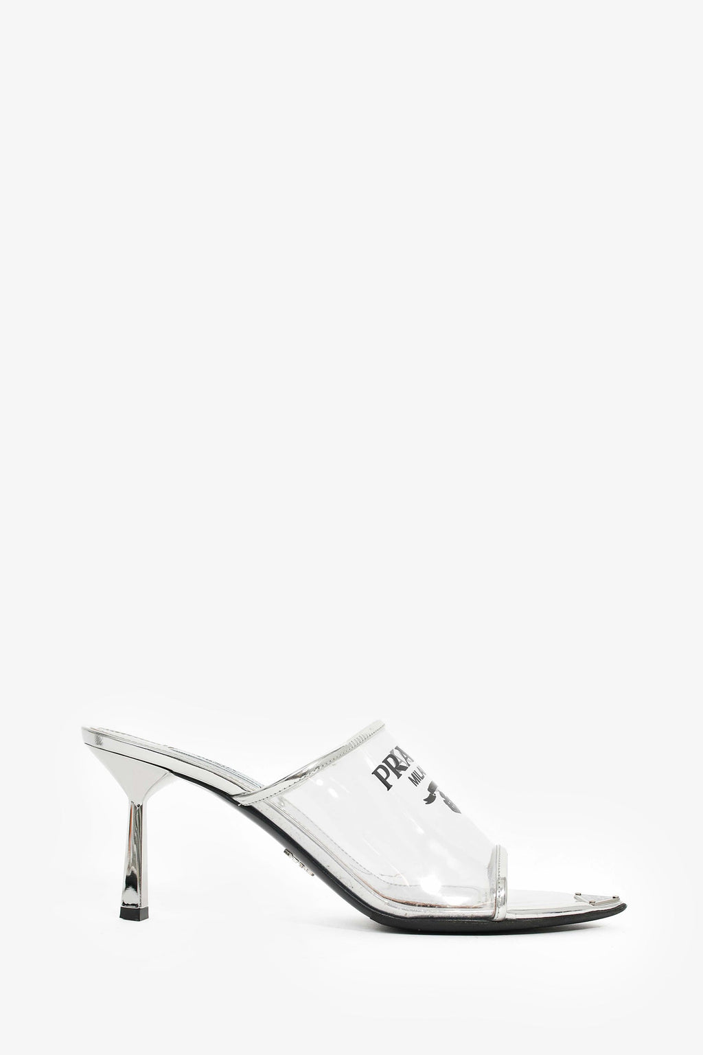 Prada Silver Vinyl Logo Mules Size 39