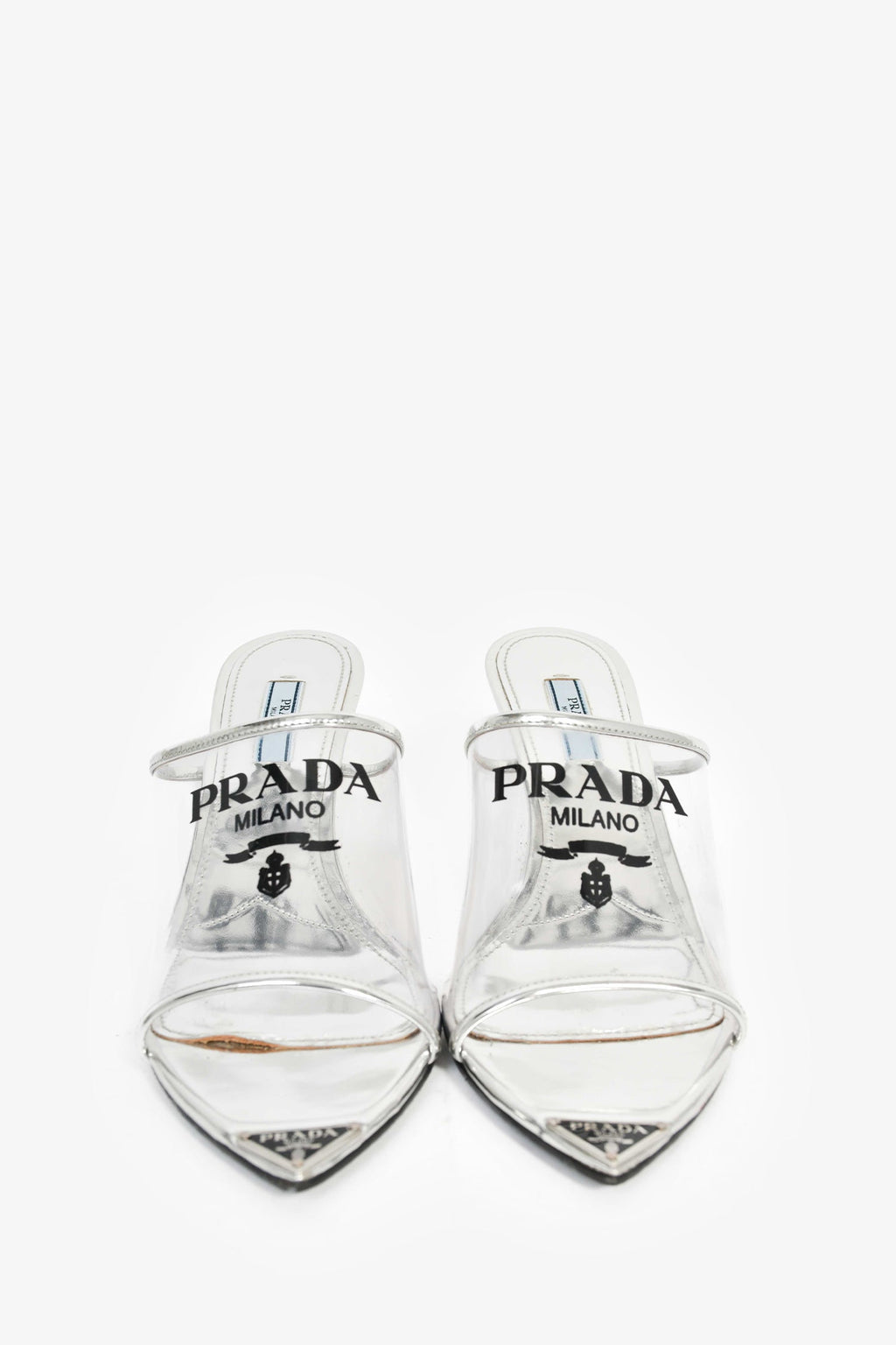 Prada Silver Vinyl Logo Mules Size 39