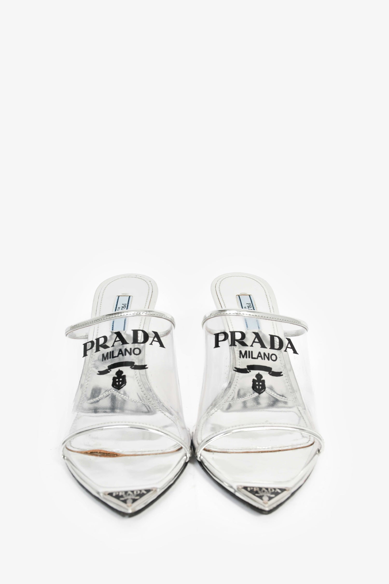 Prada Silver Vinyl Logo Mules Size 39