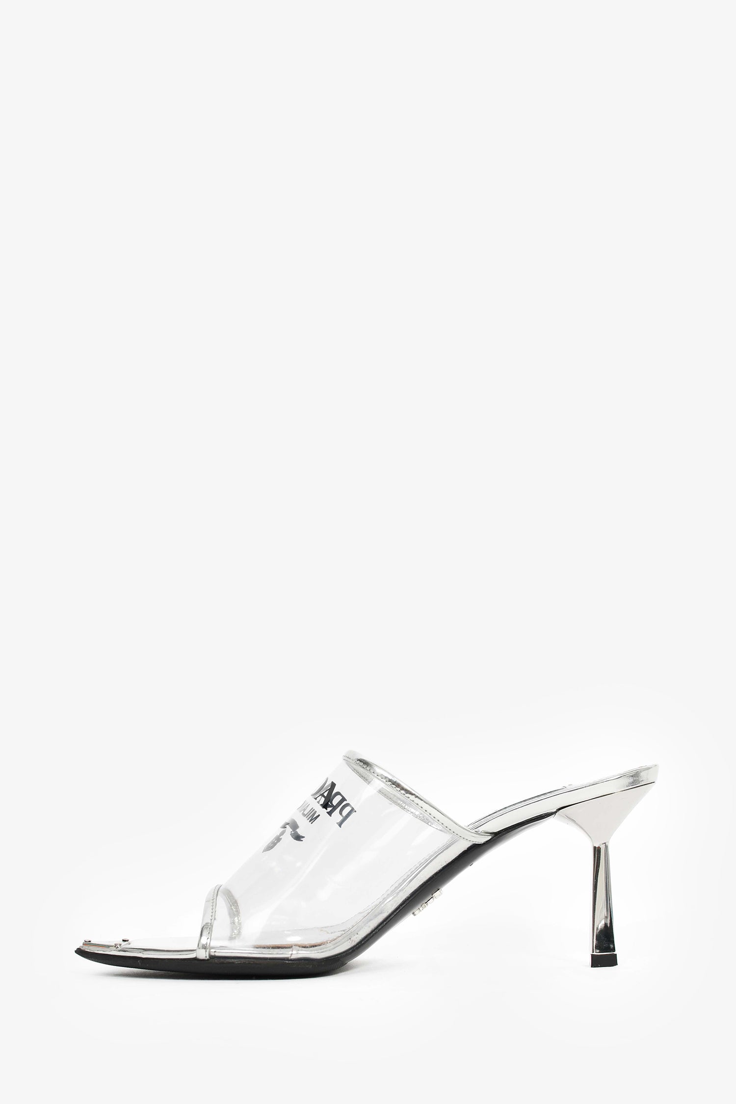 Prada Silver Vinyl Logo Mules Size 39