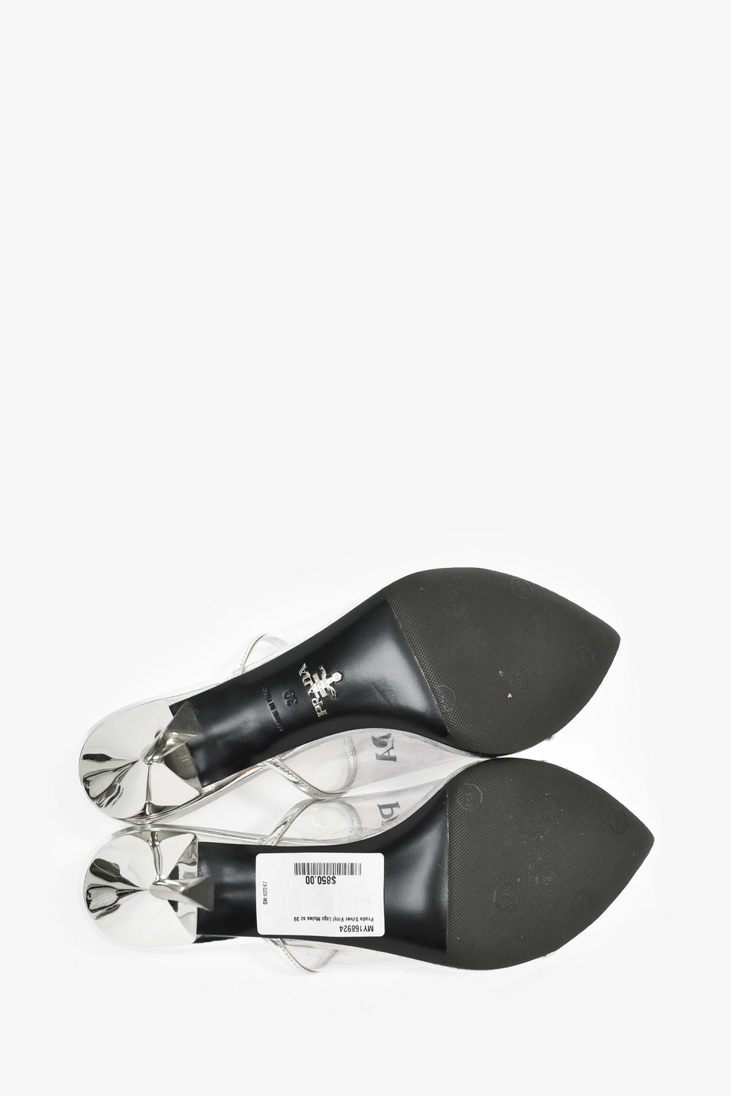 Prada Silver Vinyl Logo Mules Size 39