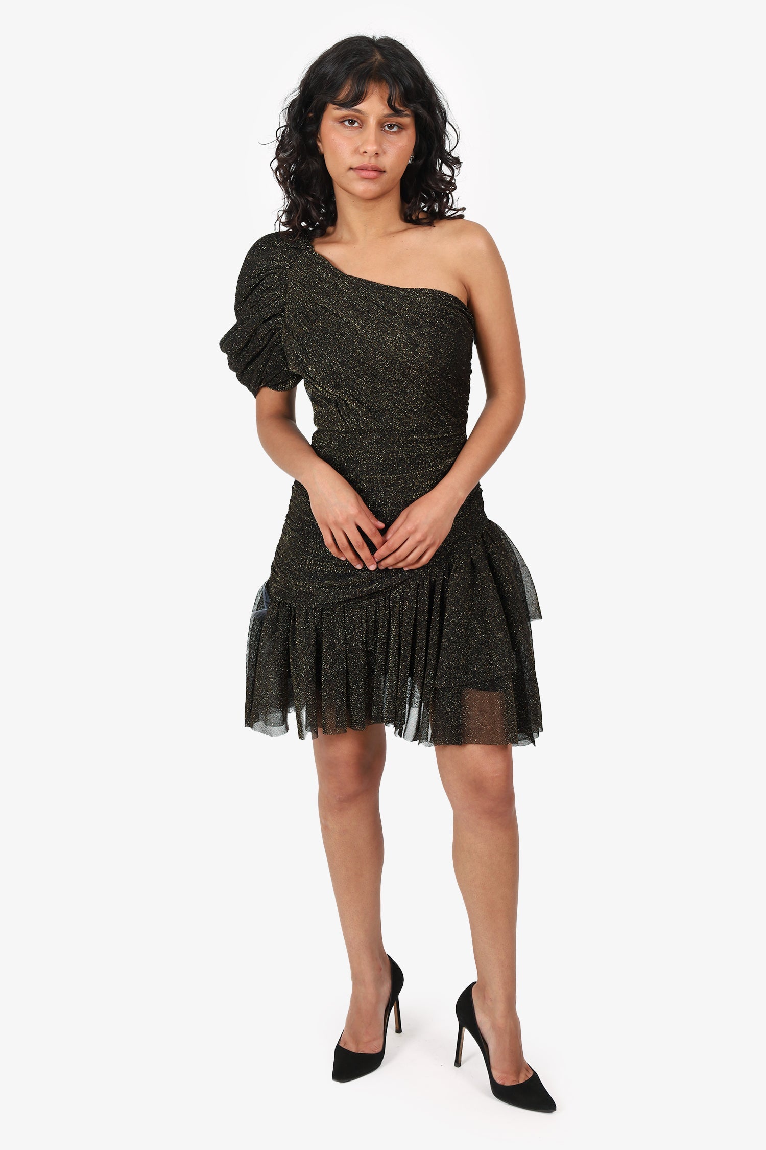 Black by Bariano Gold/Black One-Shoulder Dress Size 8