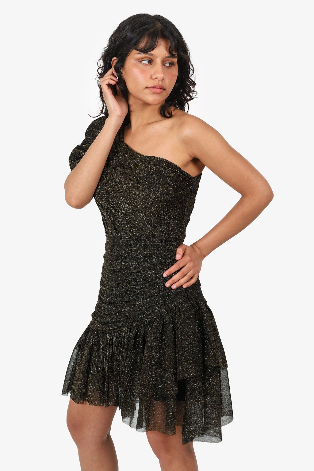 Black by Bariano Gold/Black One-Shoulder Dress Size 6