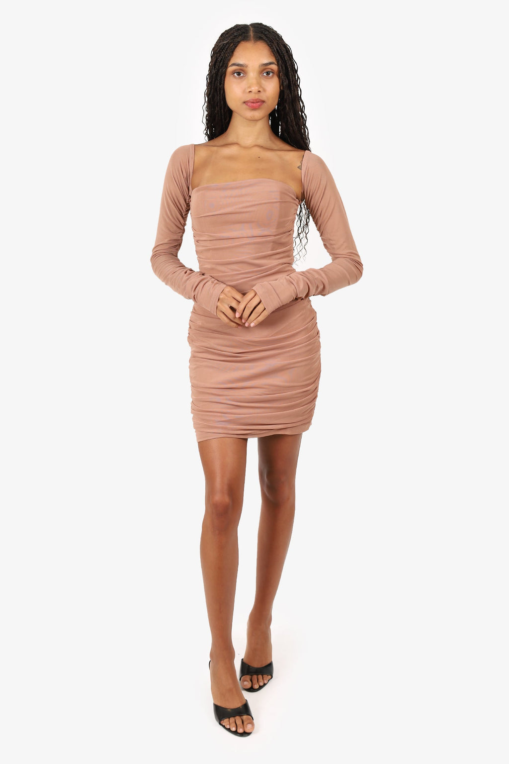 Elliatt Brown/Nude Ruched 'Annalise' Mini Dress With Detachable Sleeves Size S