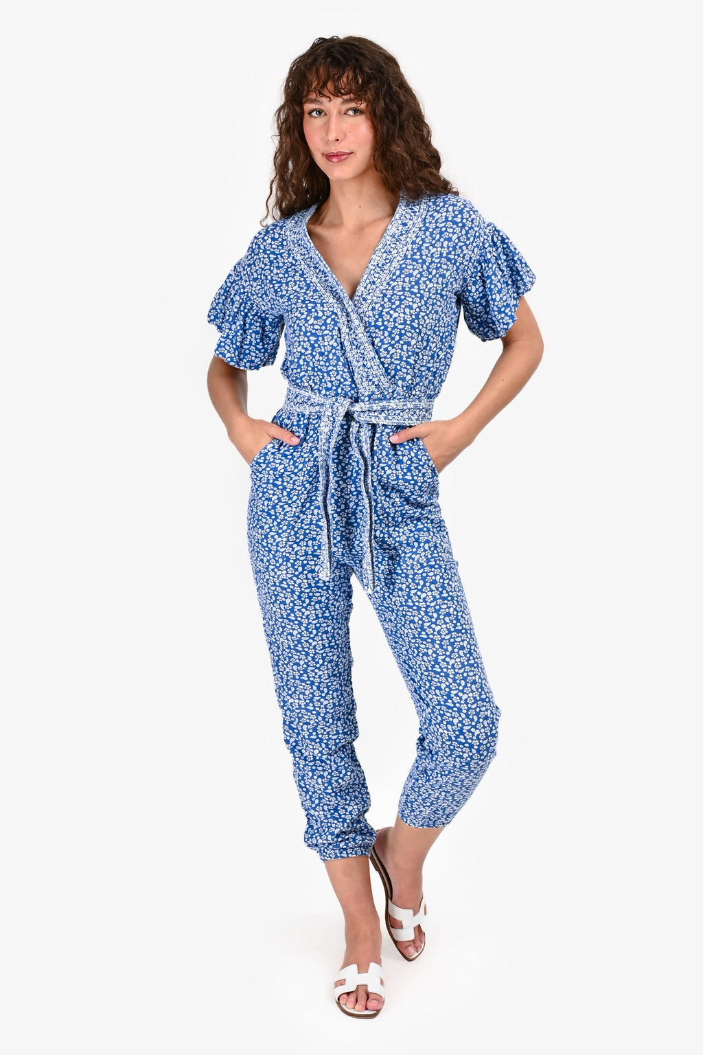 Ulla Johnson Blue/White Floral V Neck Jumpsuit Size 0