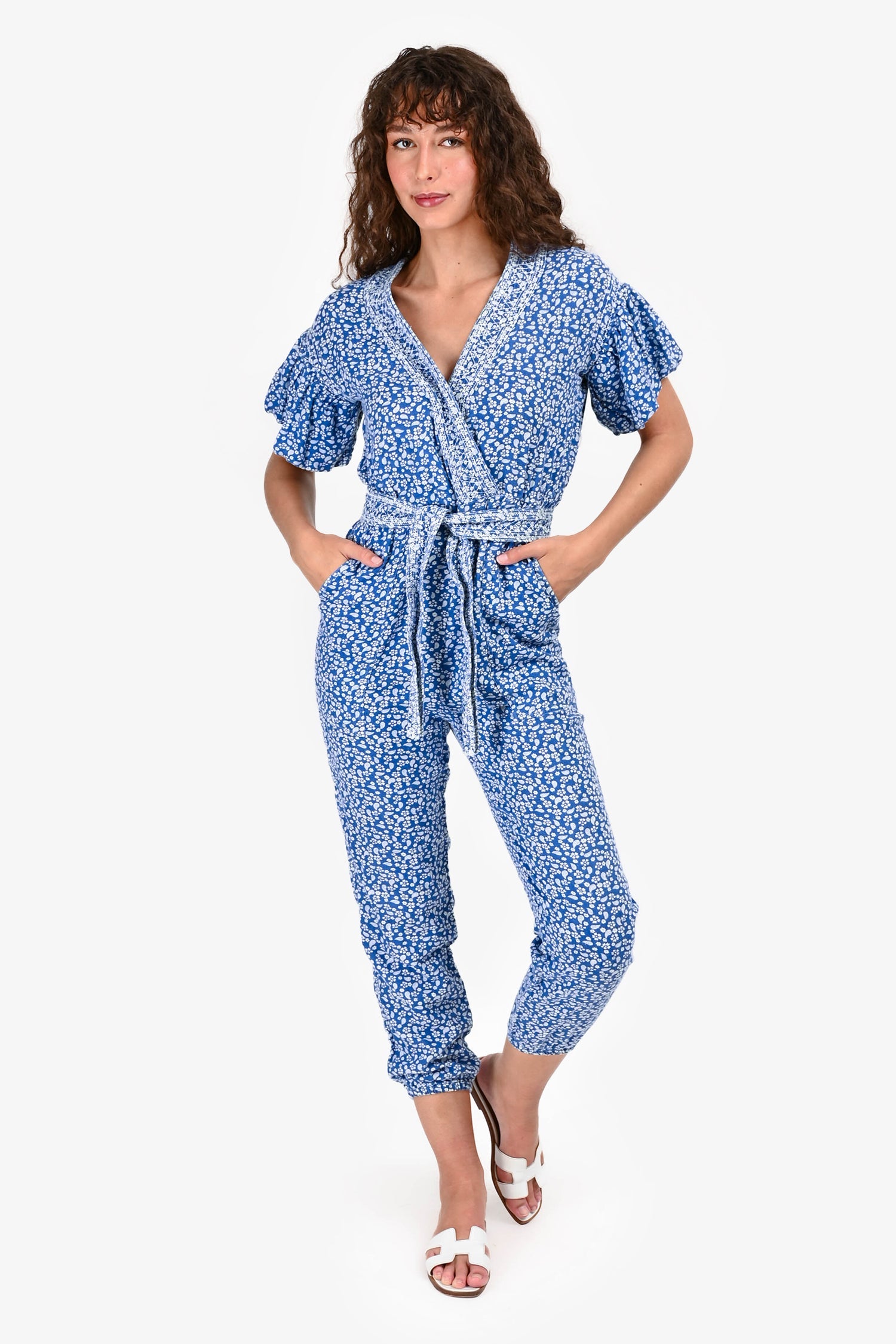 Ulla Johnson Blue/White Floral V Neck Jumpsuit Size 0