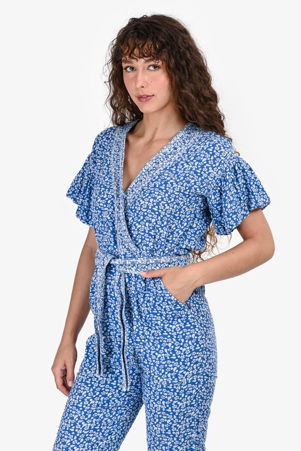 Ulla Johnson Blue/White Floral V Neck Jumpsuit Size 0
