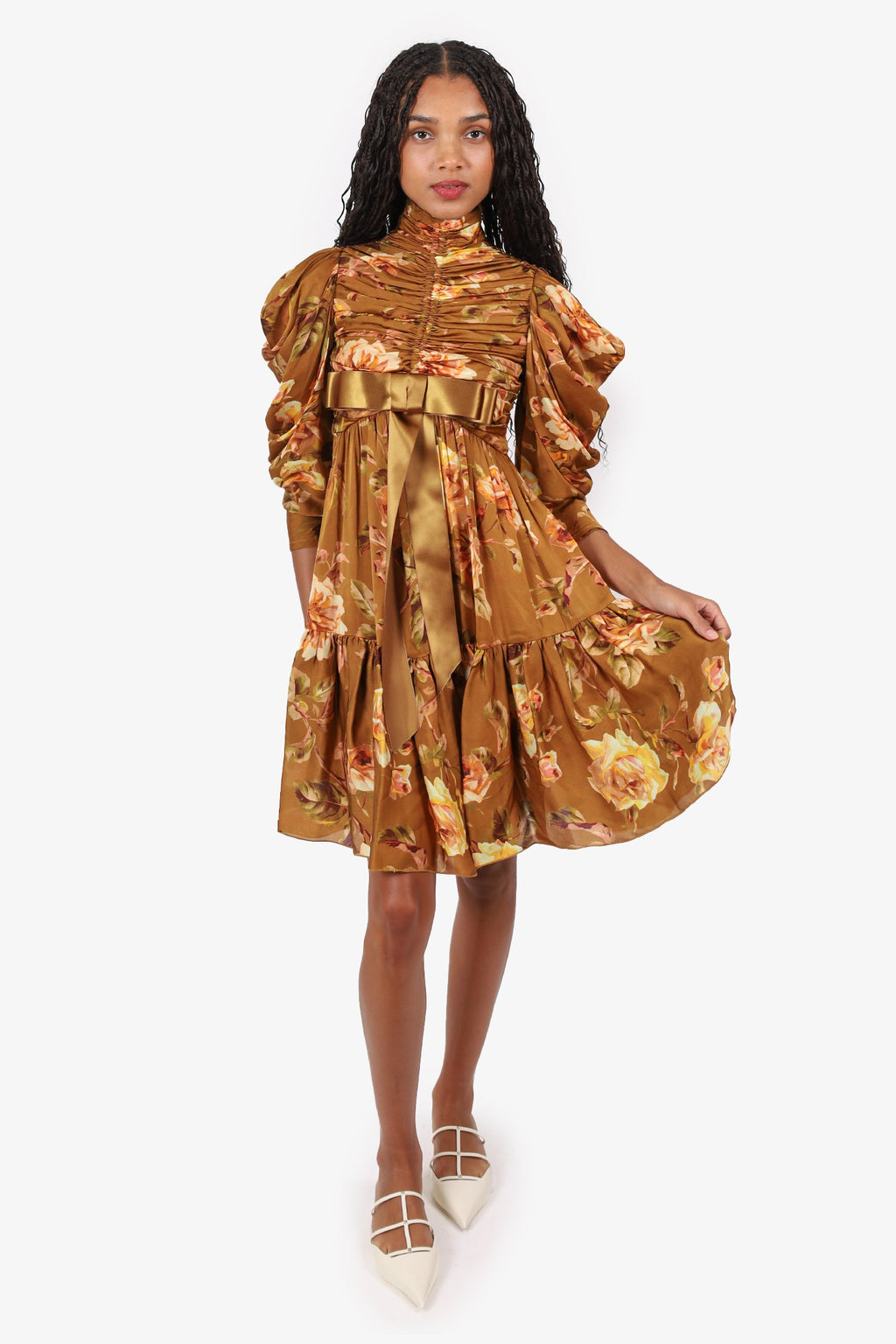 Zimmermann Brown Silk-satin Floral-print Bow-detailed Ruched Mini Dress Size 0