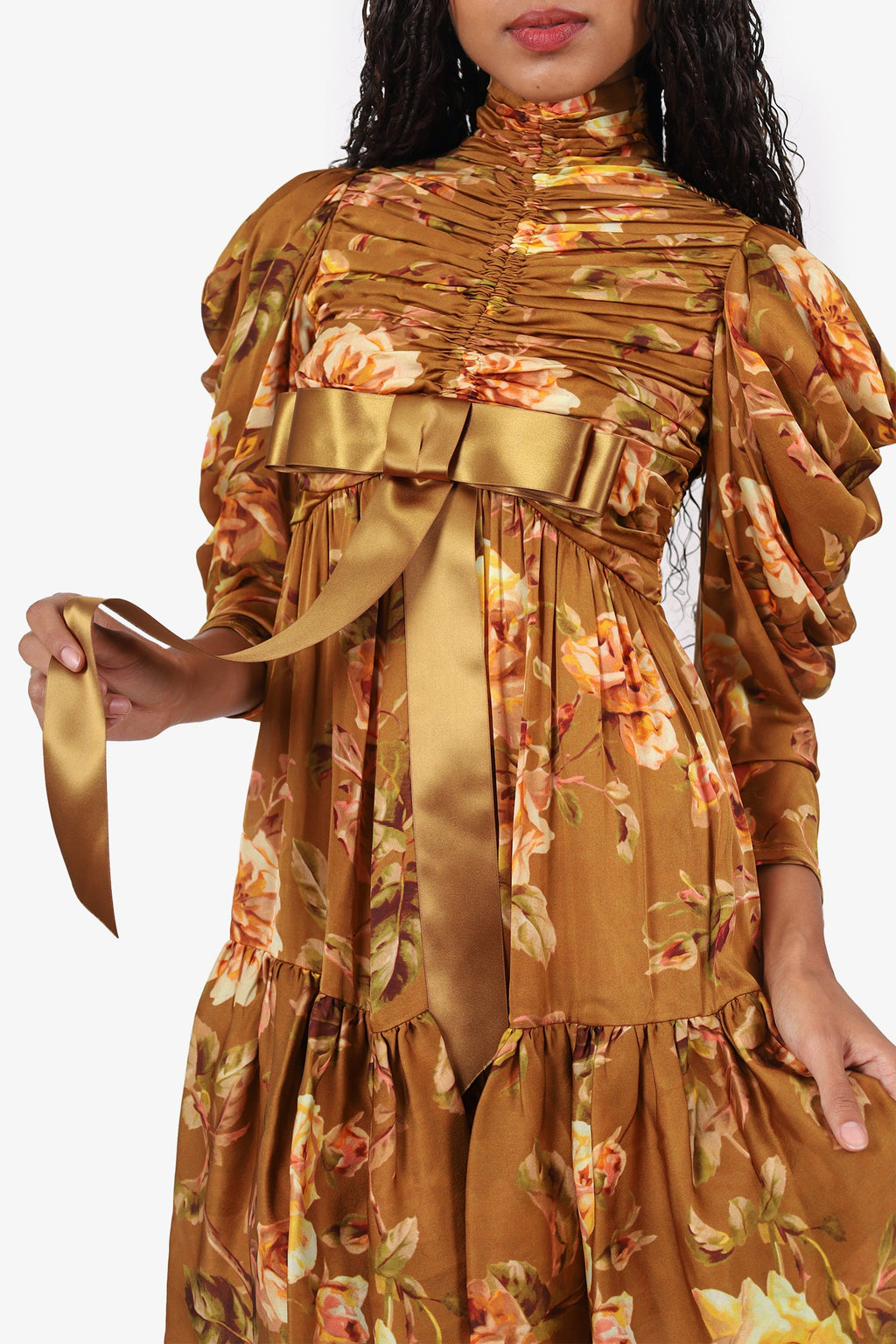 Zimmermann Brown Silk-satin Floral-print Bow-detailed Ruched Mini Dress Size 0