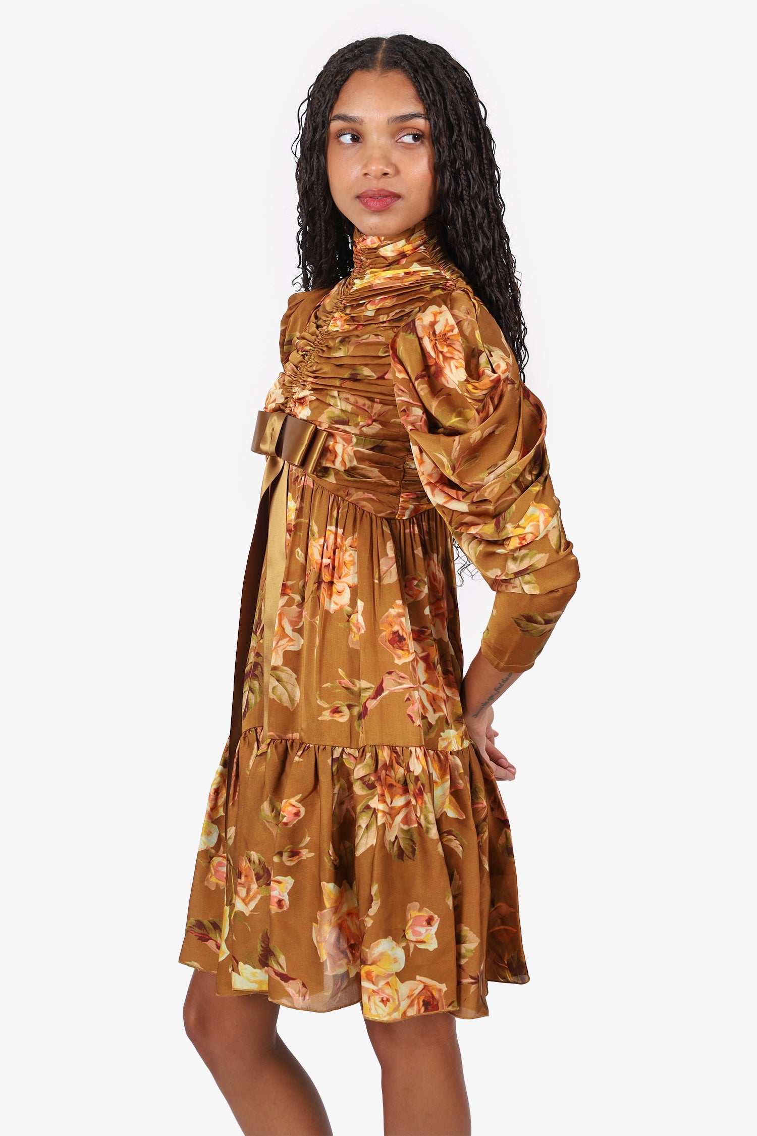 Zimmermann Brown Silk-satin Floral-print Bow-detailed Ruched Mini Dress Size 0