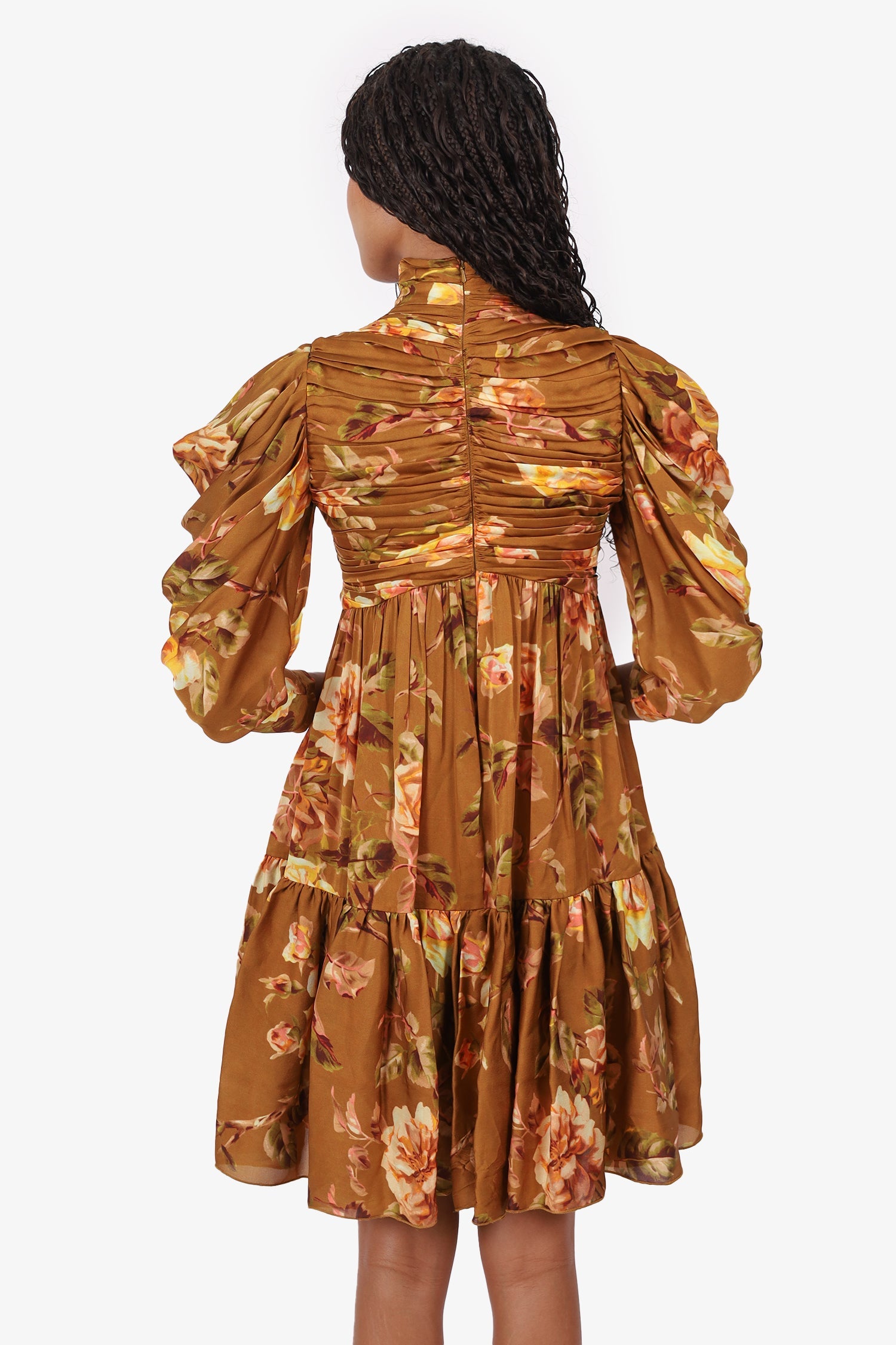 Zimmermann Brown Silk-satin Floral-print Bow-detailed Ruched Mini Dress Size 0