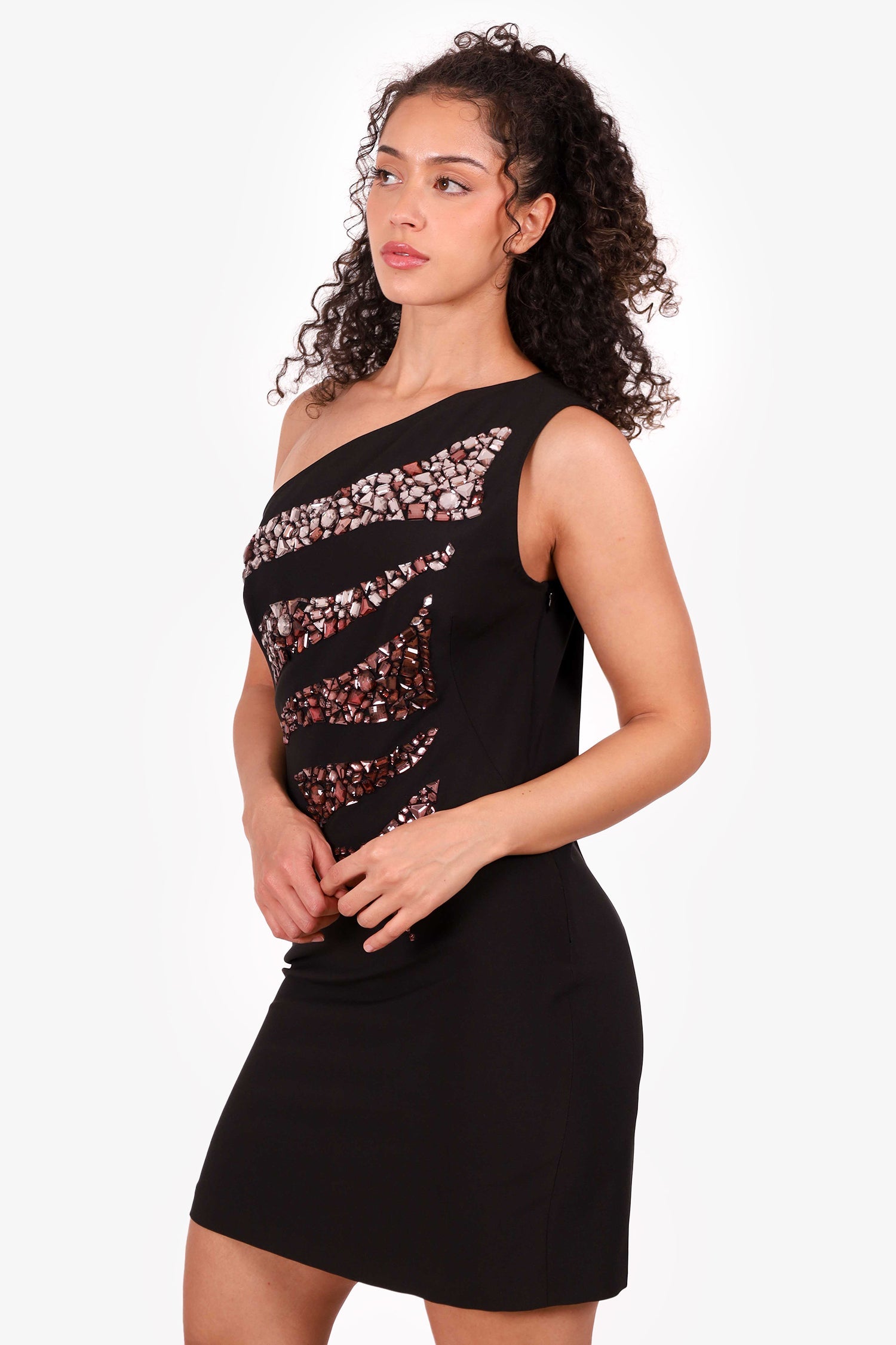 Versus Versace Black One-Shoulder Rhinestone Mini Dress Size 44