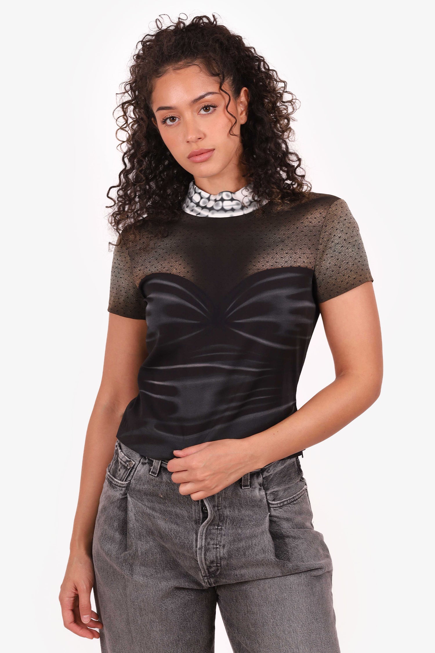 Moschino Couture Black Bustier Print Mock Neck T-Shirt Size 8