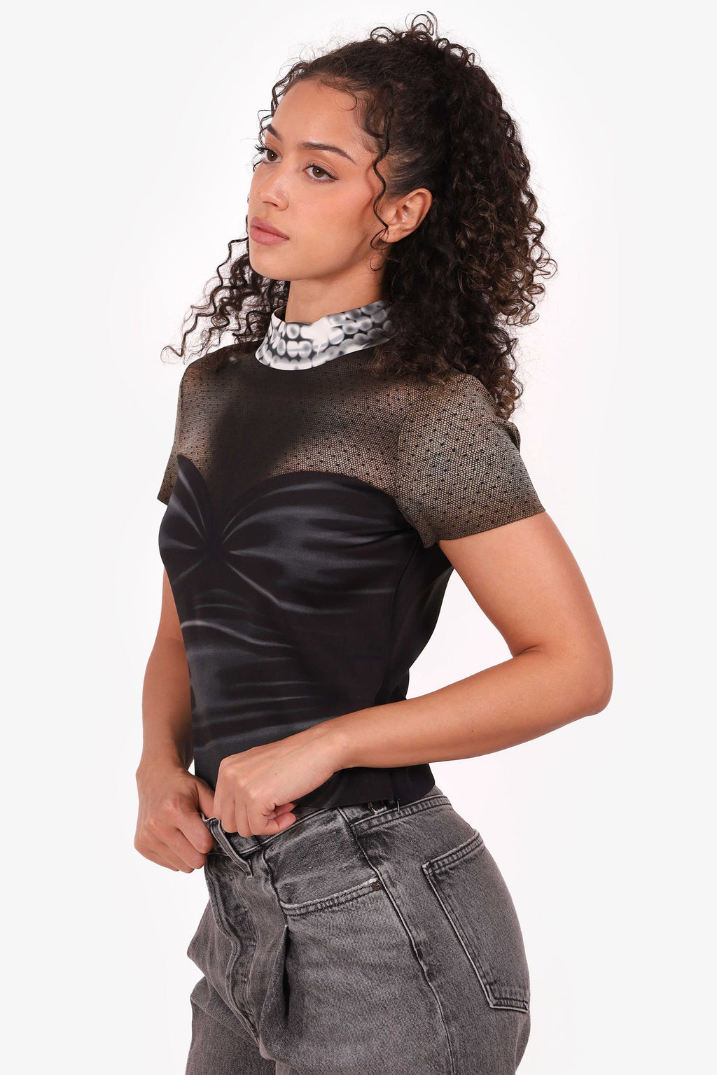Moschino Couture Black Bustier Print Mock Neck T-Shirt Size 8