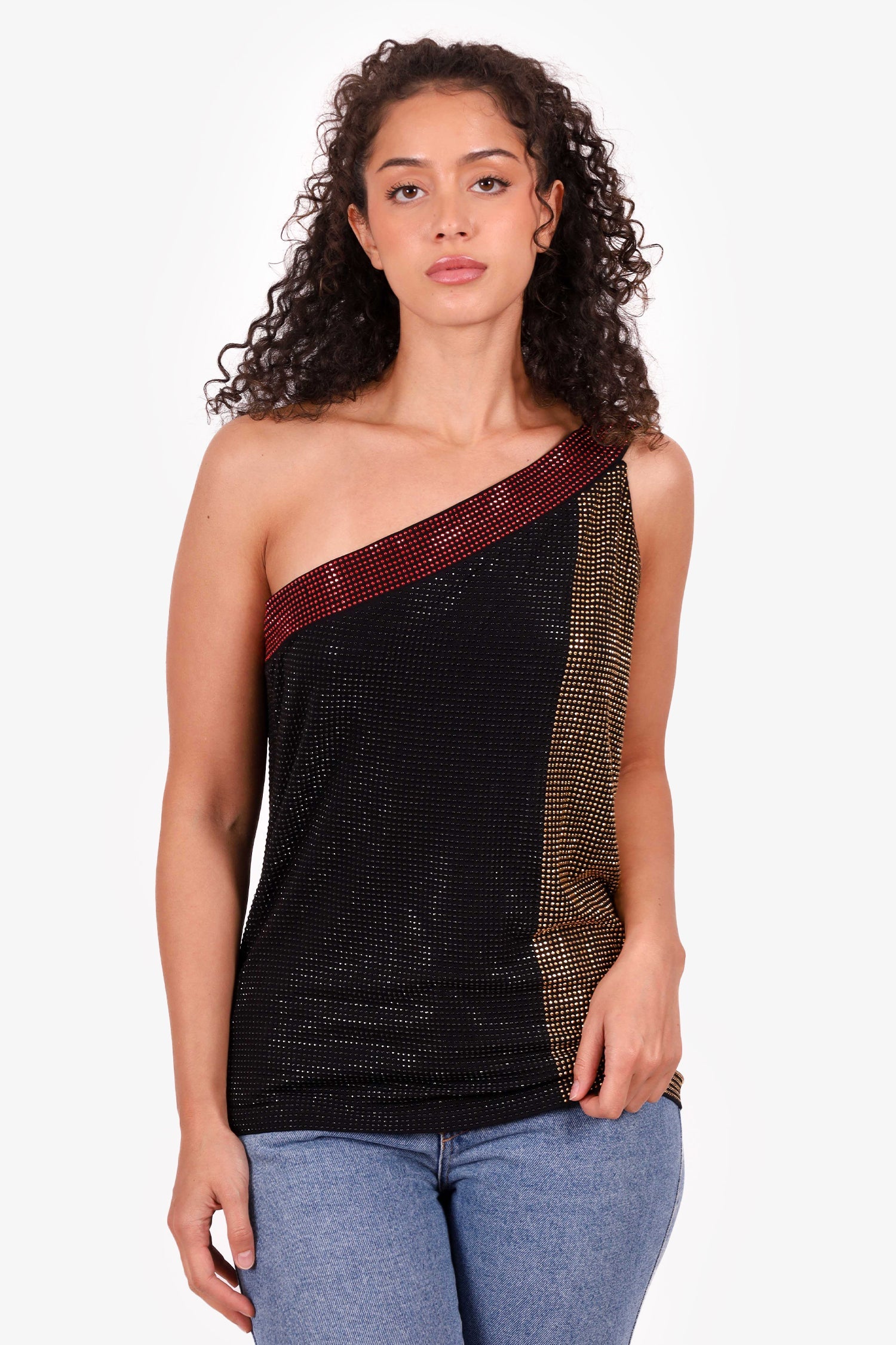 Versace Collection Tricolour Rhinestone One-Shoulder Top Size 48