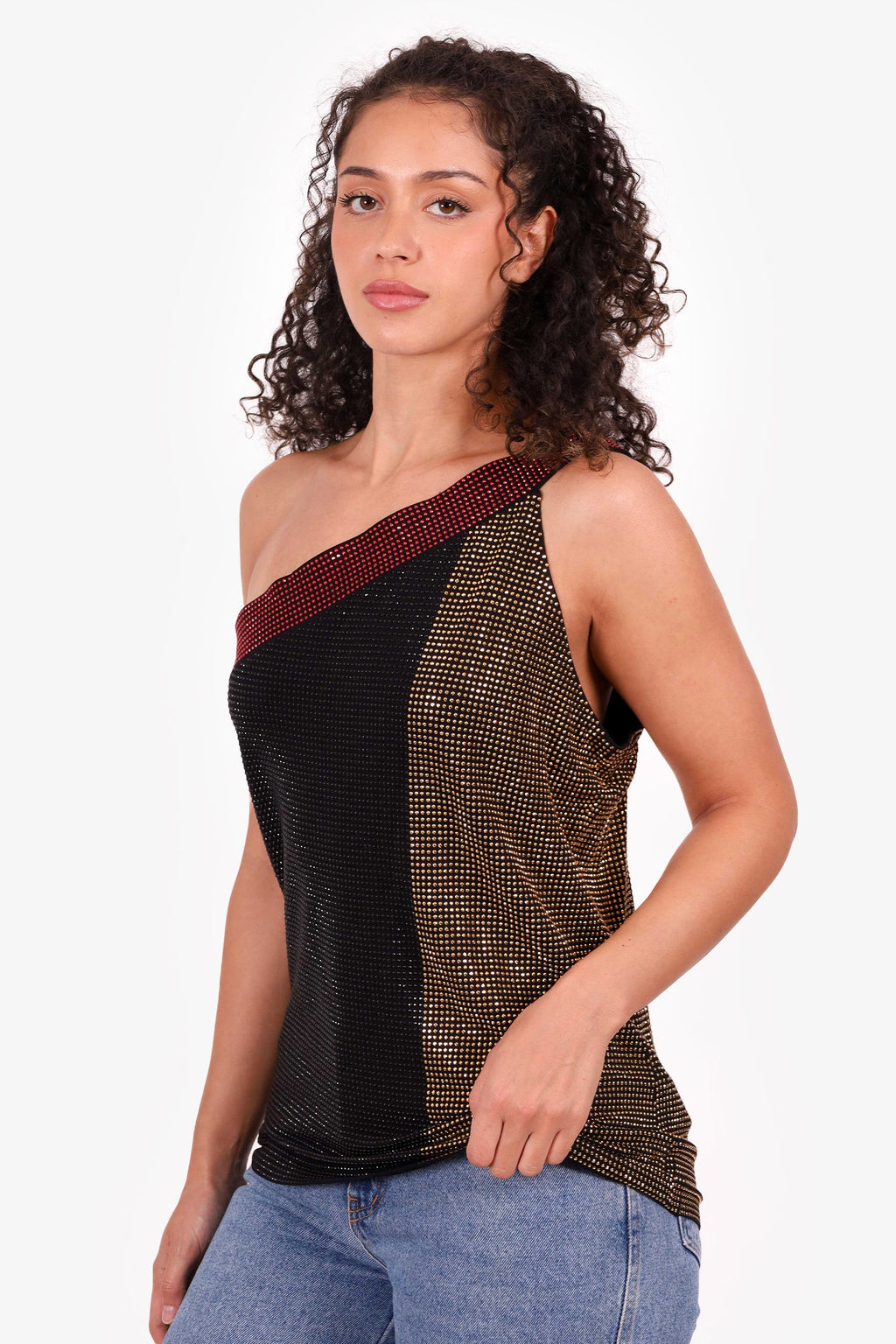 Versace Collection Tricolour Rhinestone One-Shoulder Top Size 48