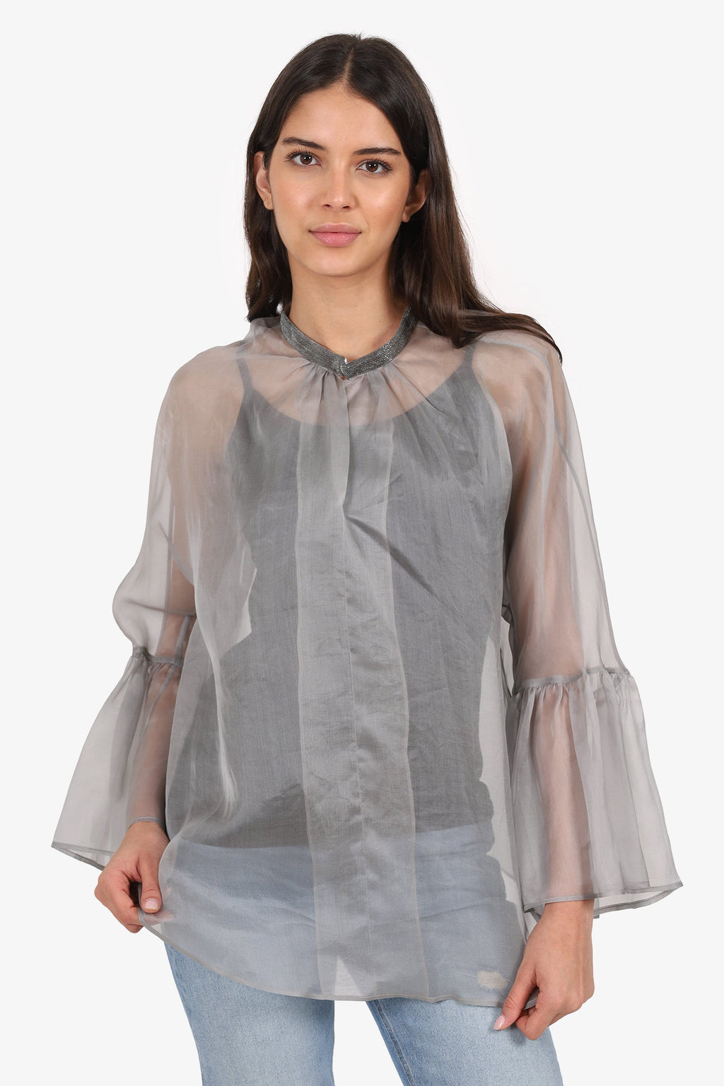 Fabiana Filippi Grey Sheer Beaded Blouse Estimated Size M