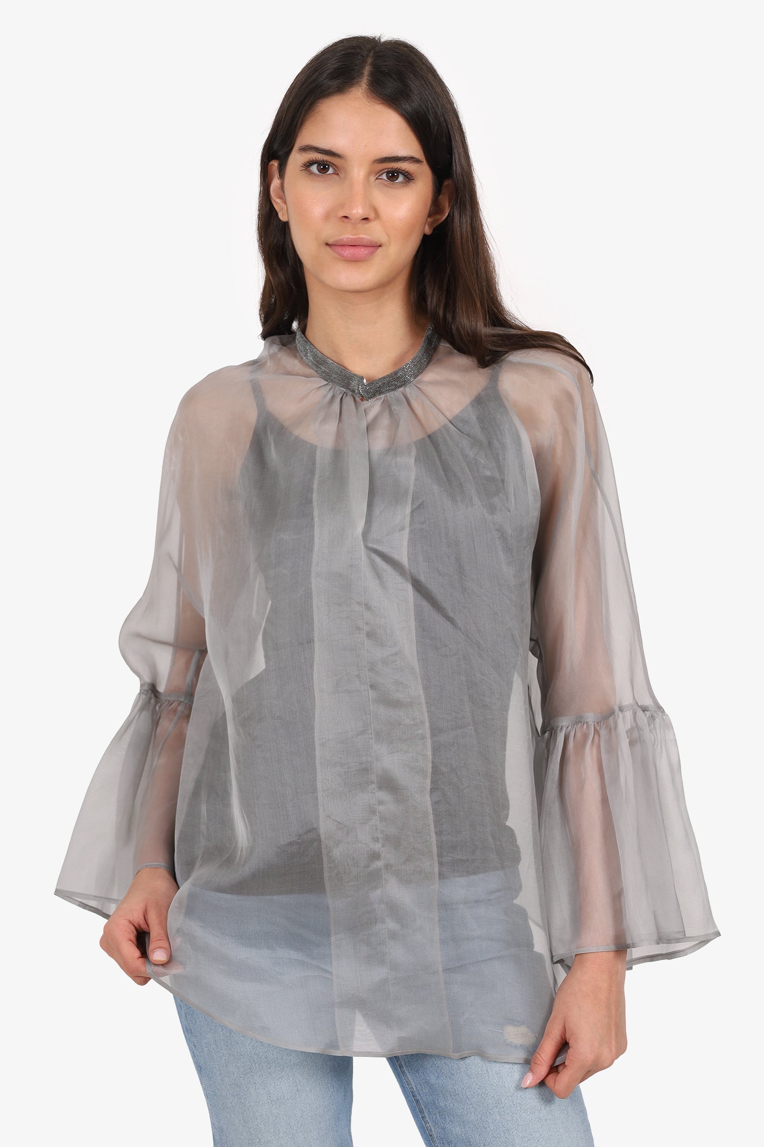 Fabiana Filippi Grey Sheer Beaded Blouse Estimated Size M