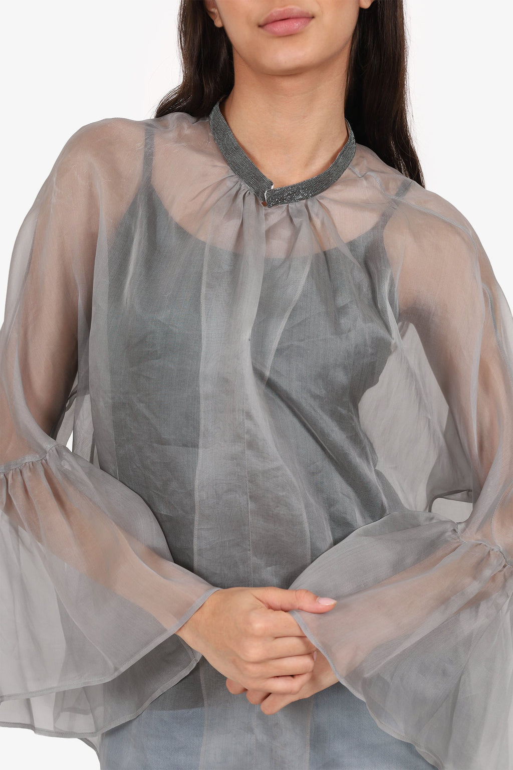 Fabiana Filippi Grey Sheer Beaded Blouse Estimated Size M