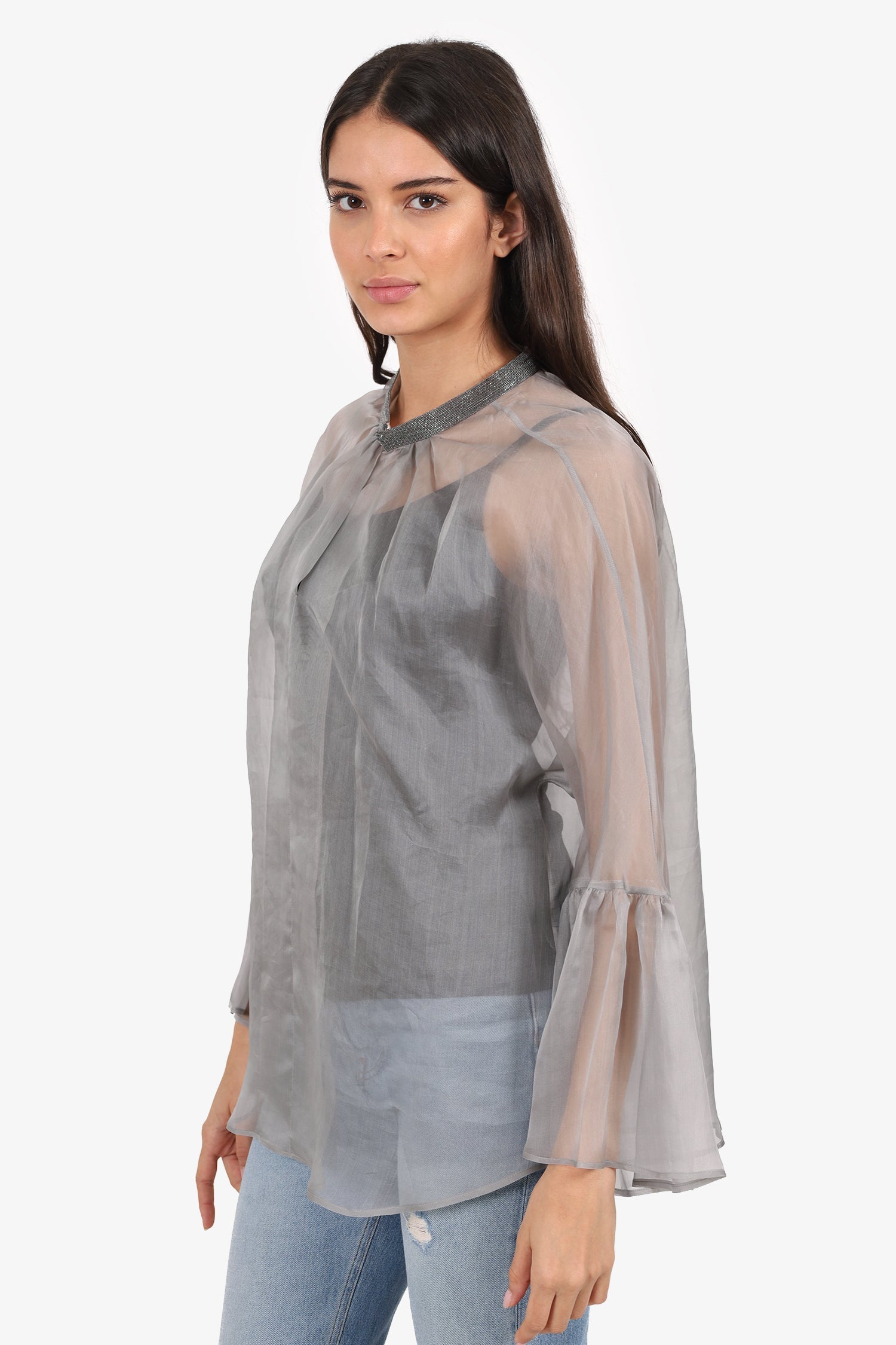 Fabiana Filippi Grey Sheer Beaded Blouse Estimated Size M