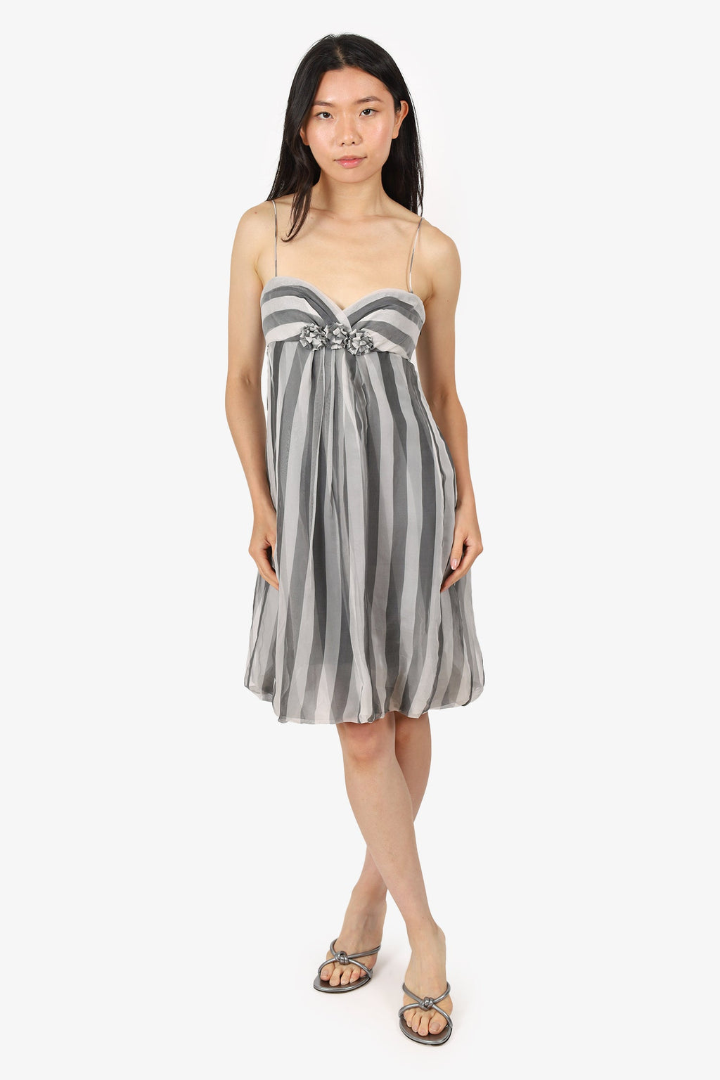Hugo Boss Grey Silk Striped Bubble Hem Mini Dress Size 6