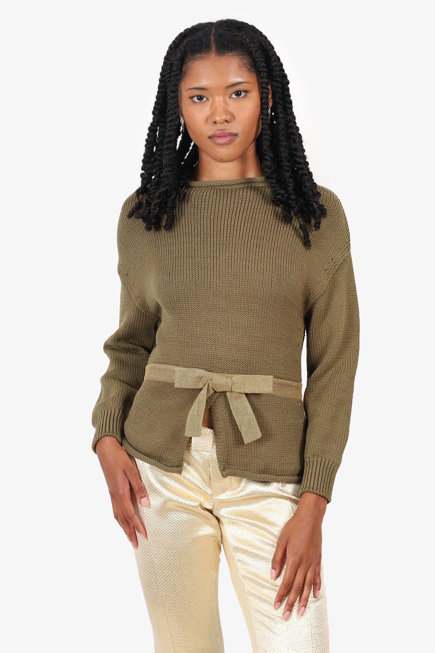 Moschino Green Cotton Knit Zip-Up Bow Sweater Size 8