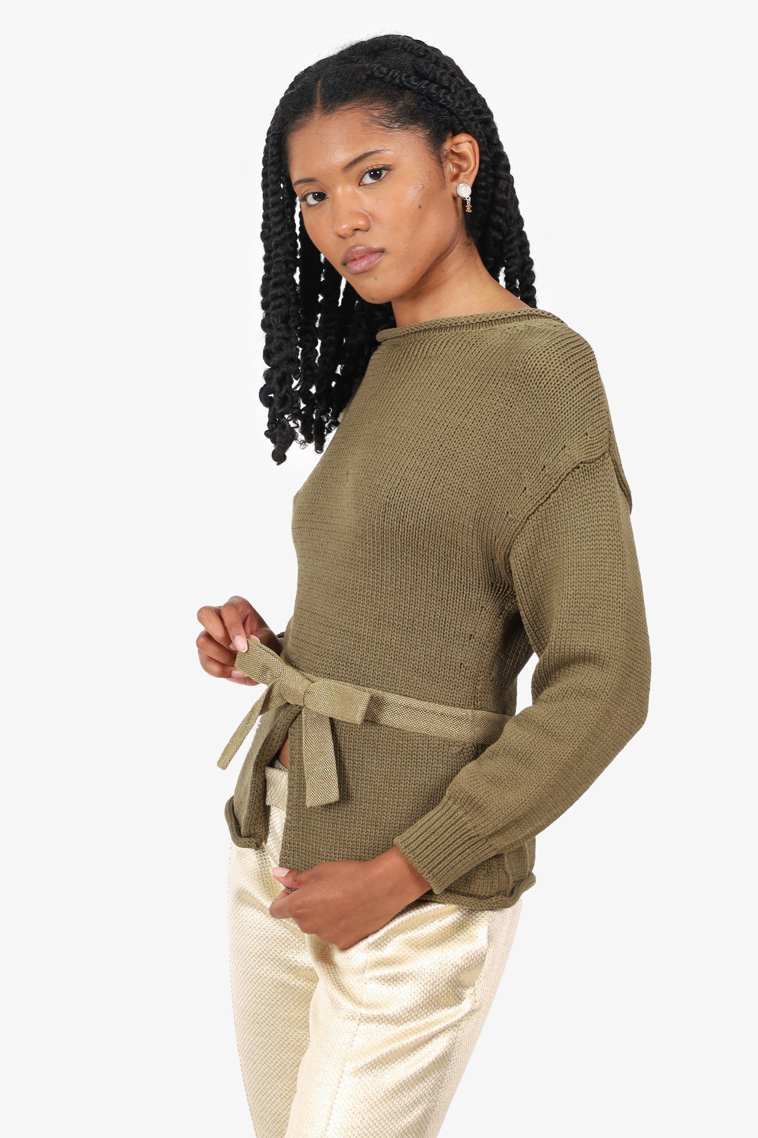 Moschino Green Cotton Knit Zip-Up Bow Sweater Size 8