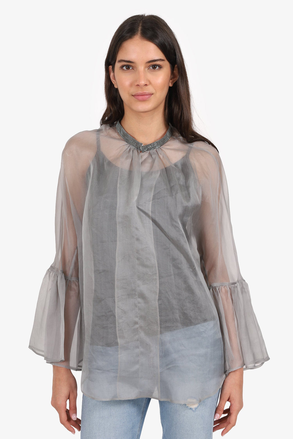Fabiana Filippi Grey Silk Sheer Beaded Blouse Size XL