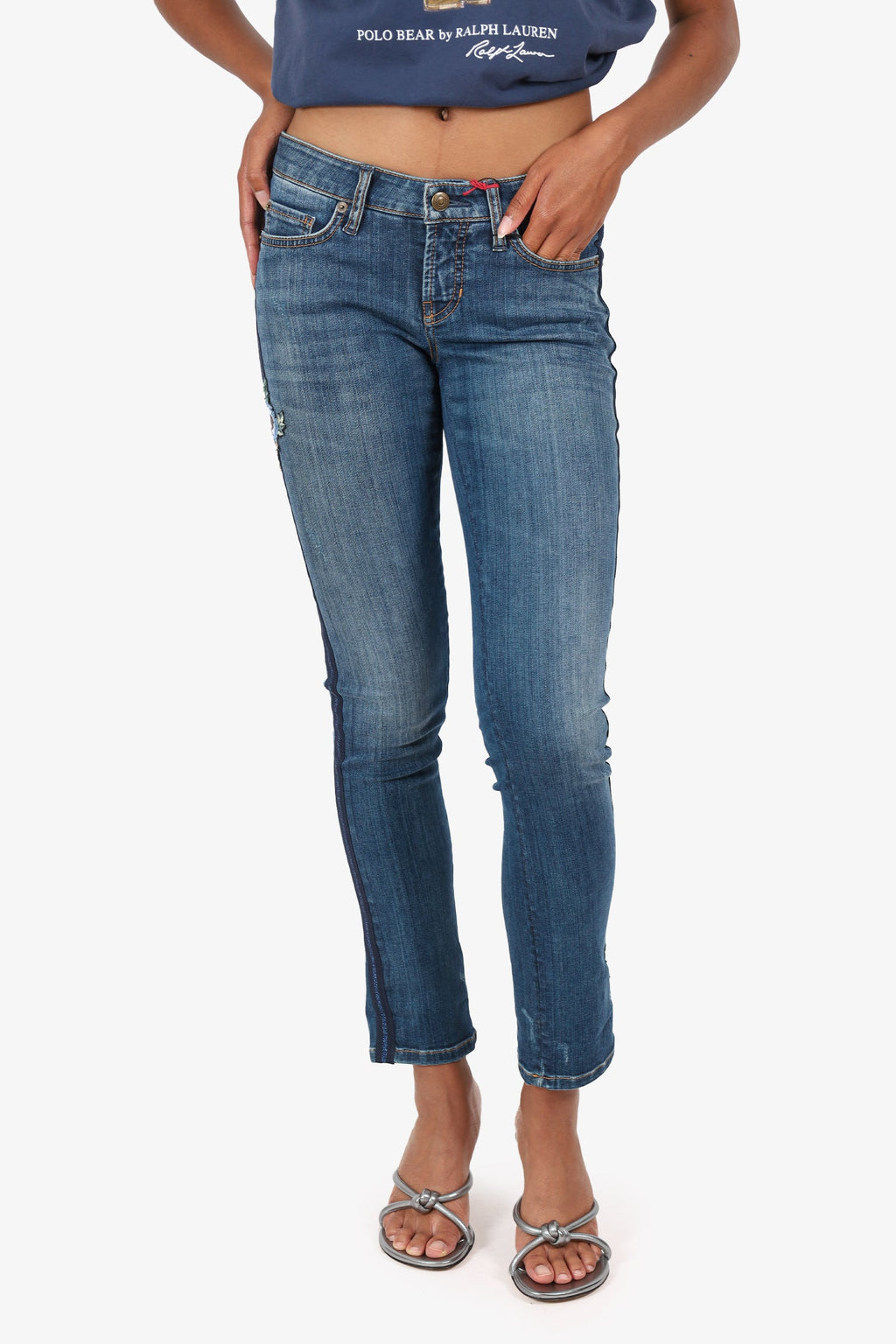 Cambio Blue Flower Embroidered Skinny Jeans Size 32