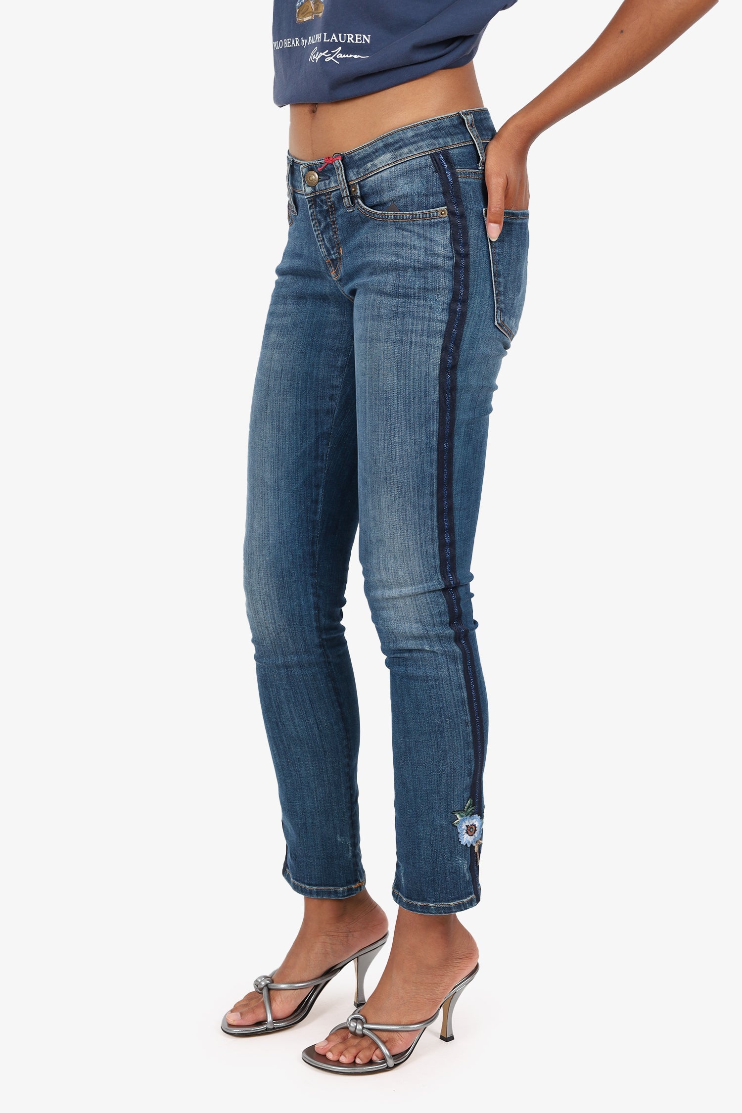 Cambio Blue Flower Embroidered Skinny Jeans Size 32