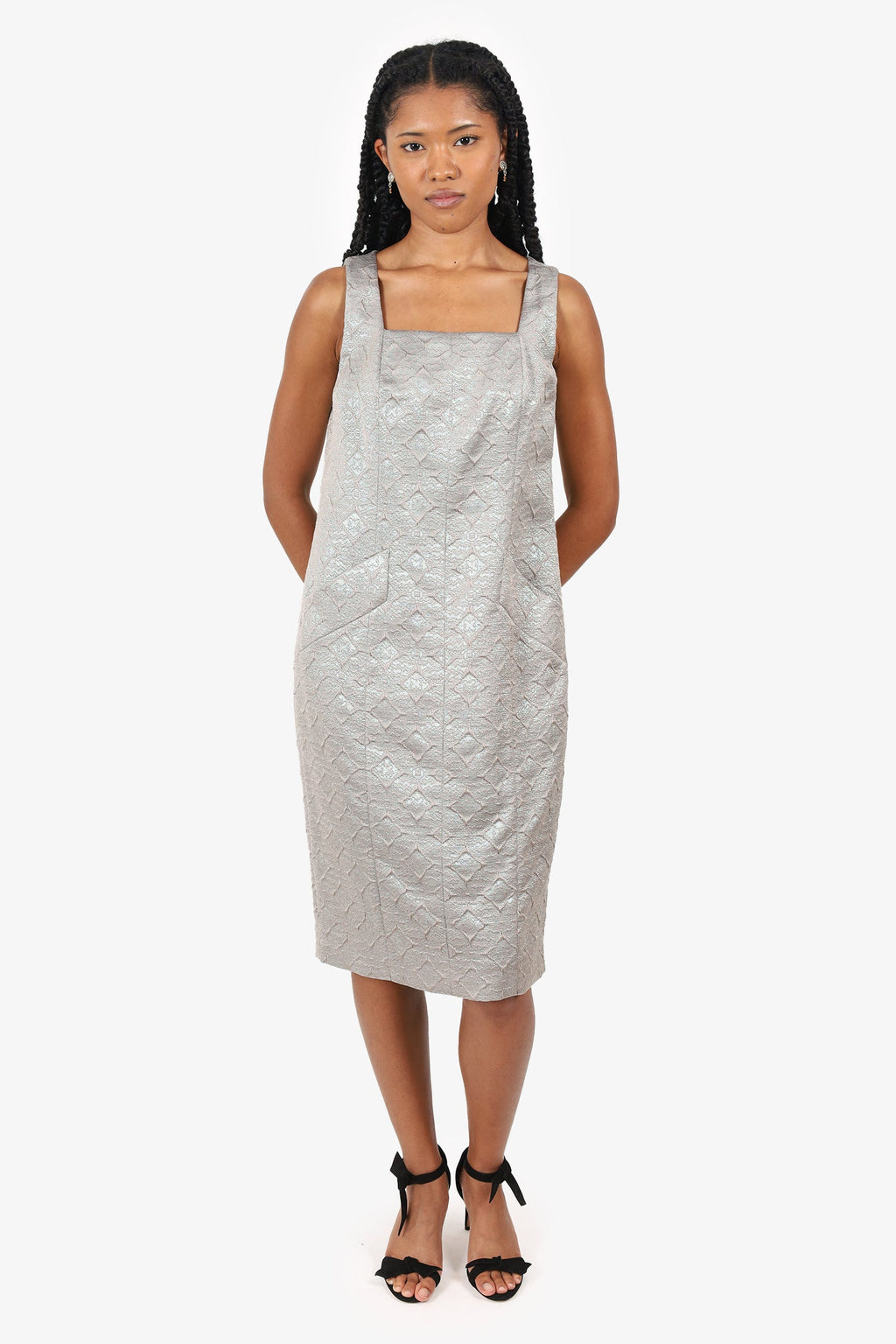 Red Valentino Grey Jacquard Square Neck Dress With Pockets Size 8