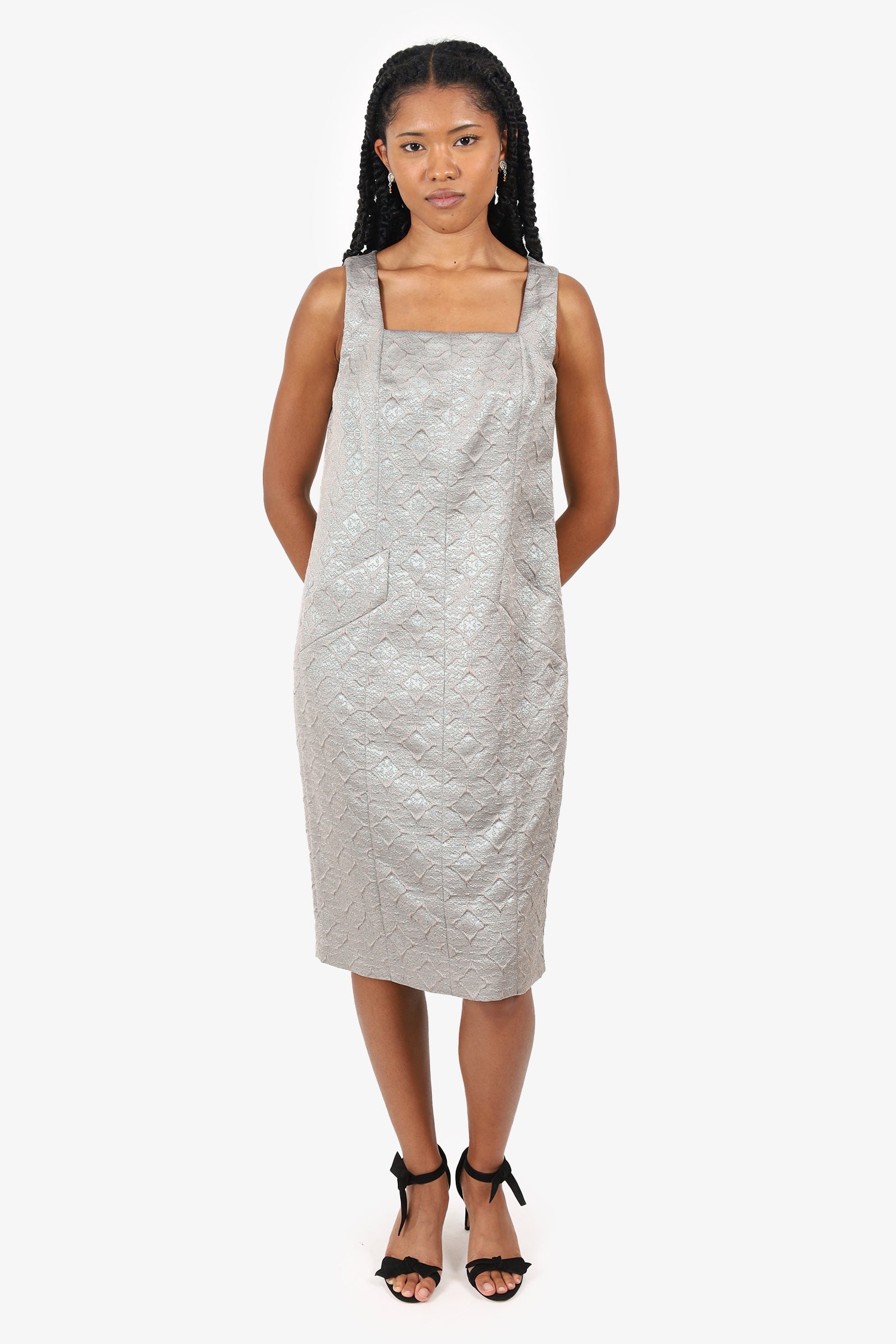 Red Valentino Grey Jacquard Square Neck Dress With Pockets Size 8