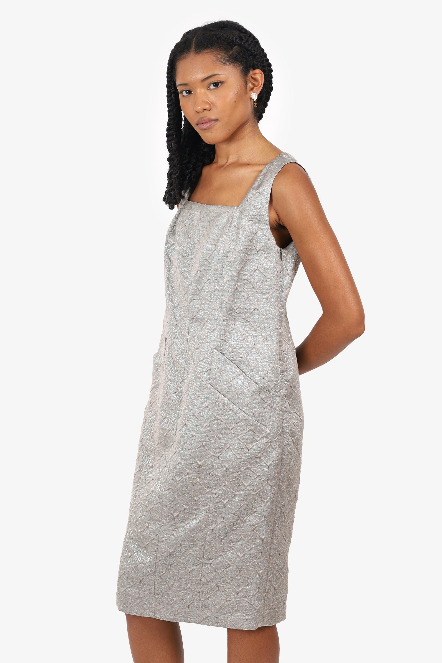 Red Valentino Grey Jacquard Square Neck Dress With Pockets Size 8