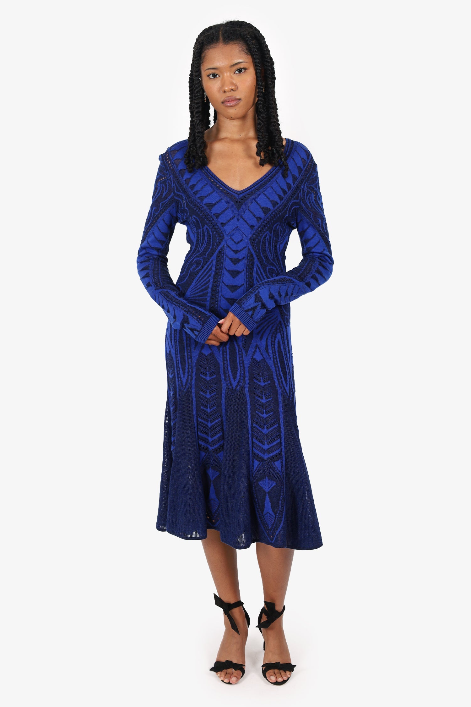 Roberto Cavalli Blue/Black Knit Patterned Long Sleeve Dress Size 42