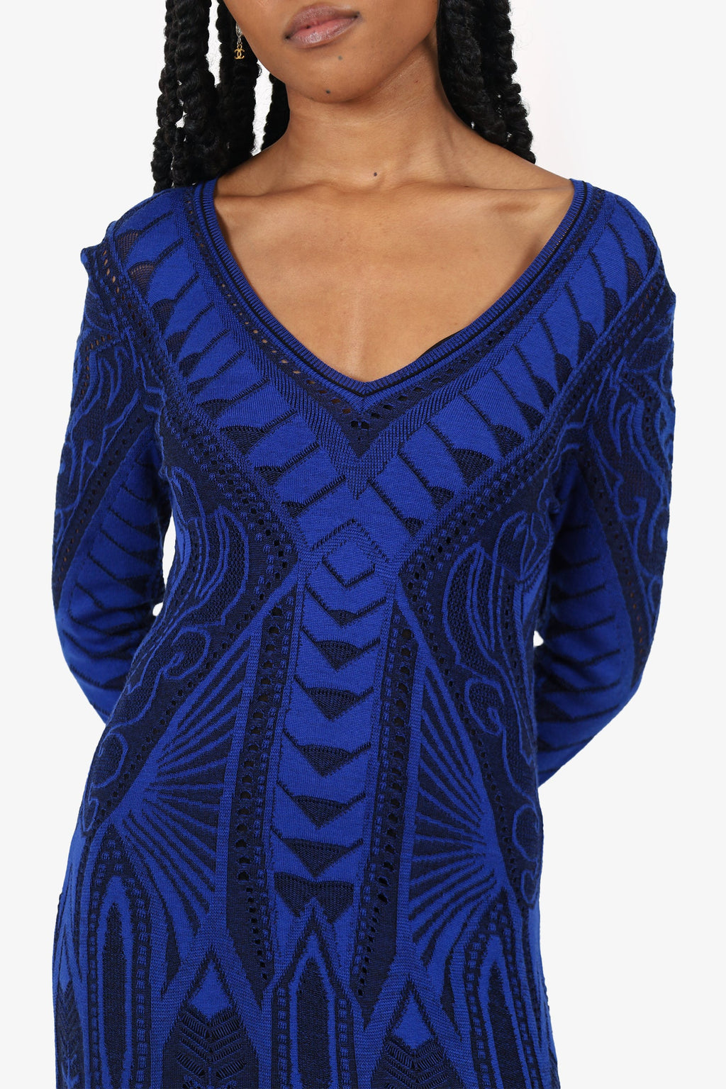 Roberto Cavalli Blue/Black Knit Patterned Long Sleeve Dress Size 42