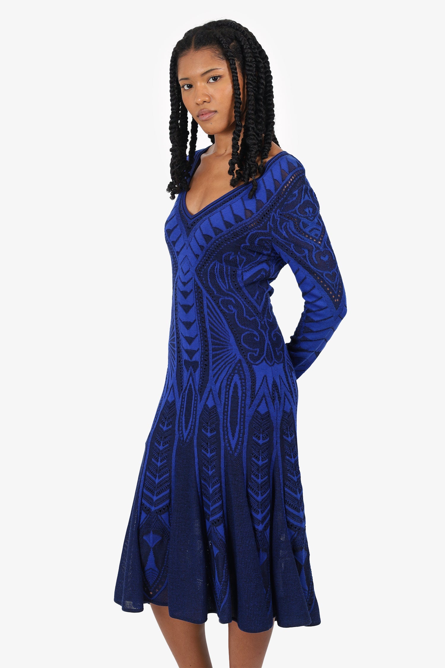Roberto Cavalli Blue/Black Knit Patterned Long Sleeve Dress Size 42
