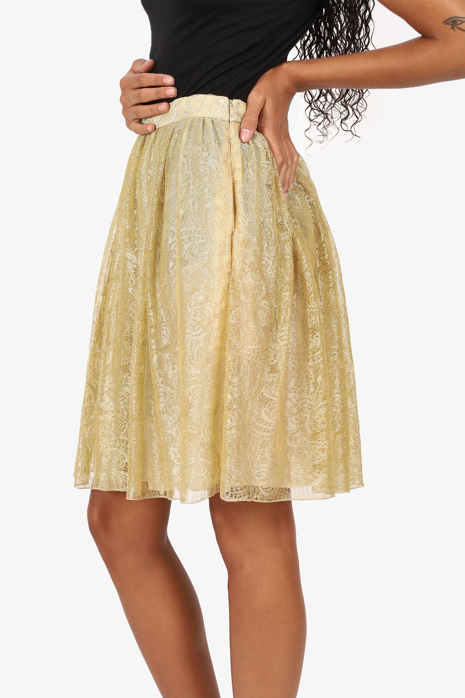 Moschino Cheap and Chic Gold Metallic Lace Midi Skirt Size 6