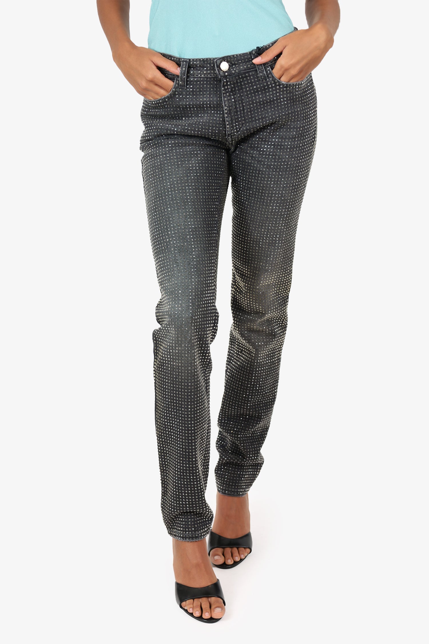 Versace Collection Black Denim Crystal Embellished Straight Leg Jeans Size 27