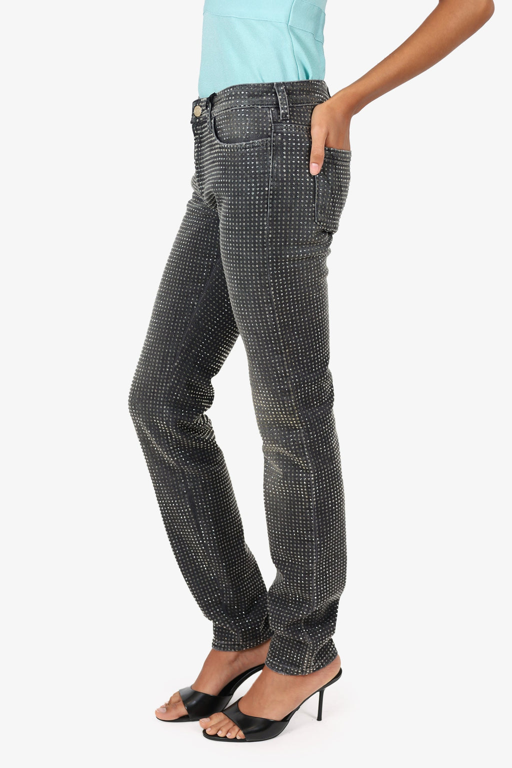 Versace Collection Black Denim Crystal Embellished Straight Leg Jeans Size 27