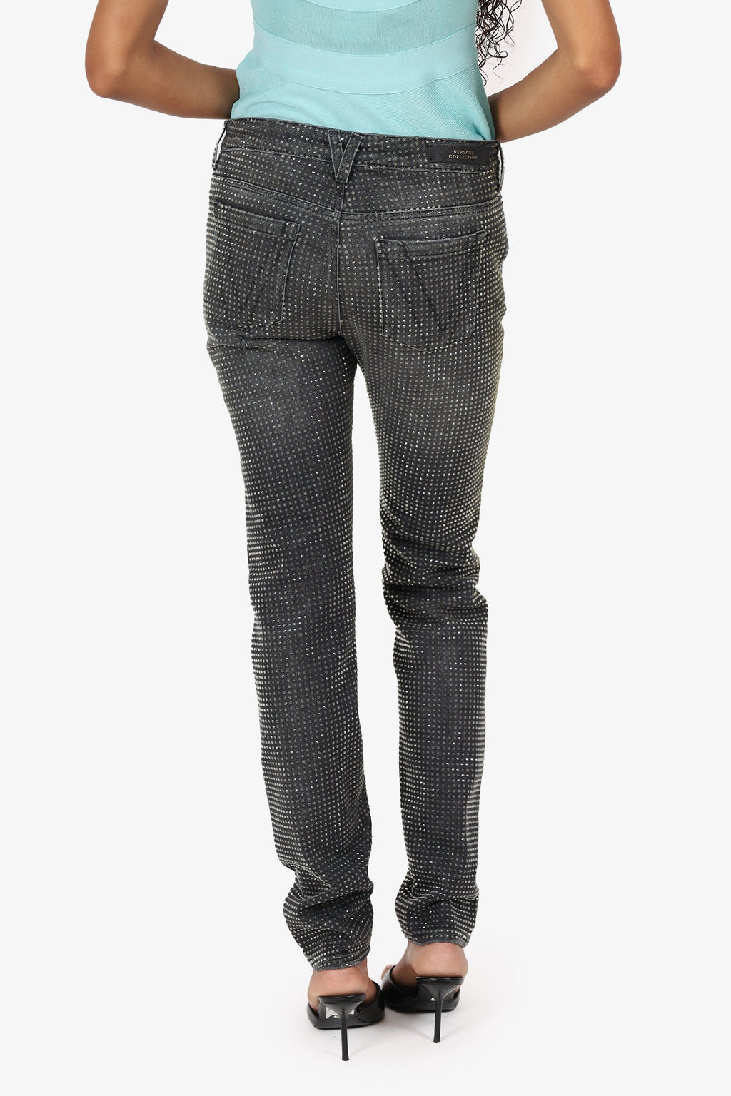 Versace Collection Black Denim Crystal Embellished Straight Leg Jeans Size 27