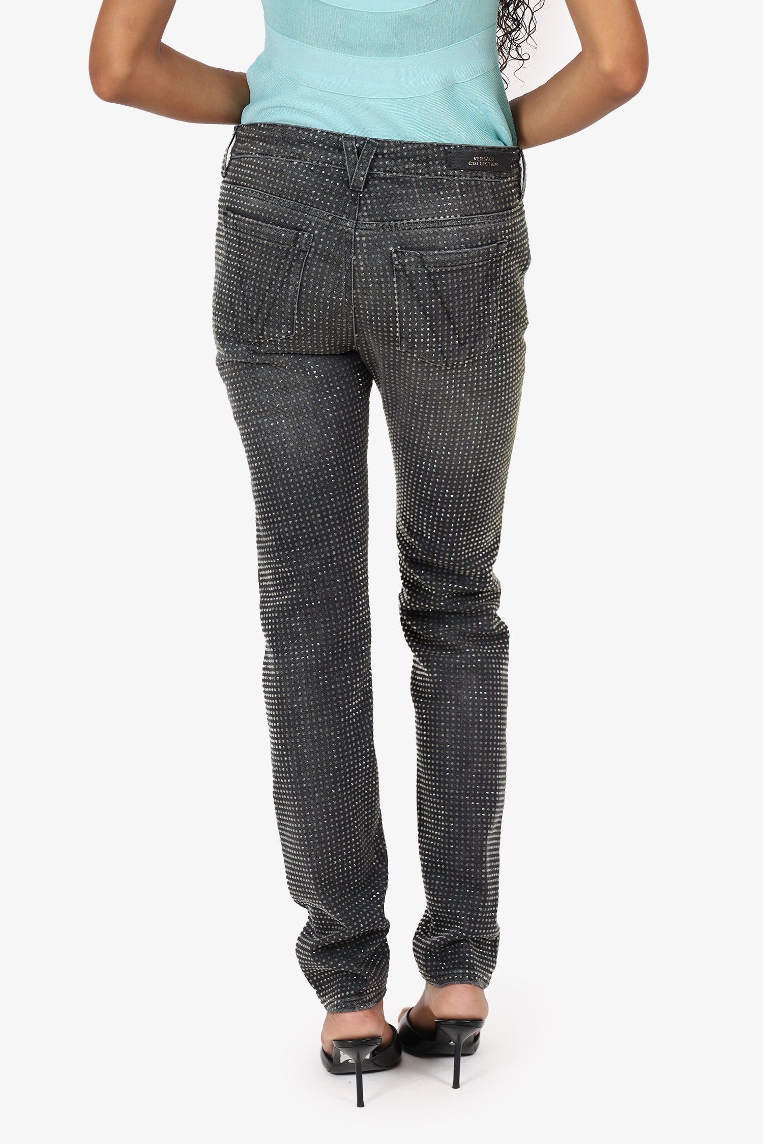 Versace Collection Black Denim Crystal Embellished Straight Leg Jeans Size 27