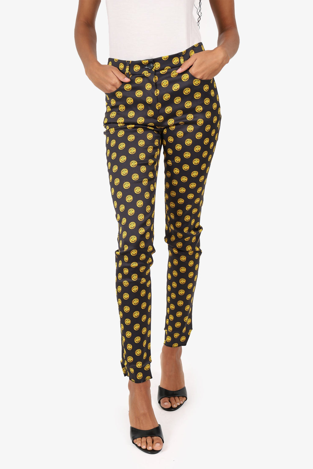 Moschino Couture Black/Yellow Button Print Straight Leg Trousers Size 6