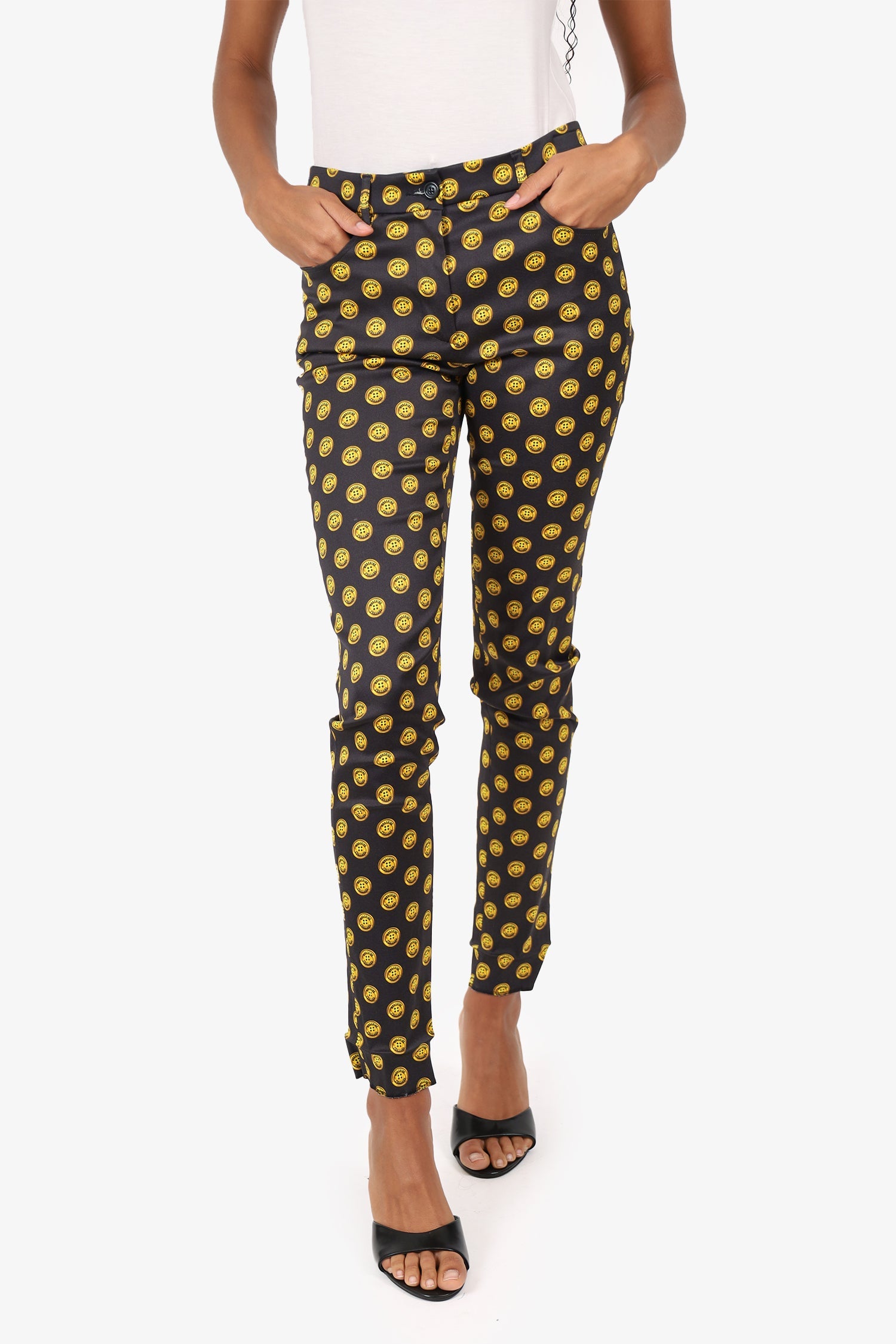 Moschino Couture Black/Yellow Button Print Straight Leg Trousers Size 6