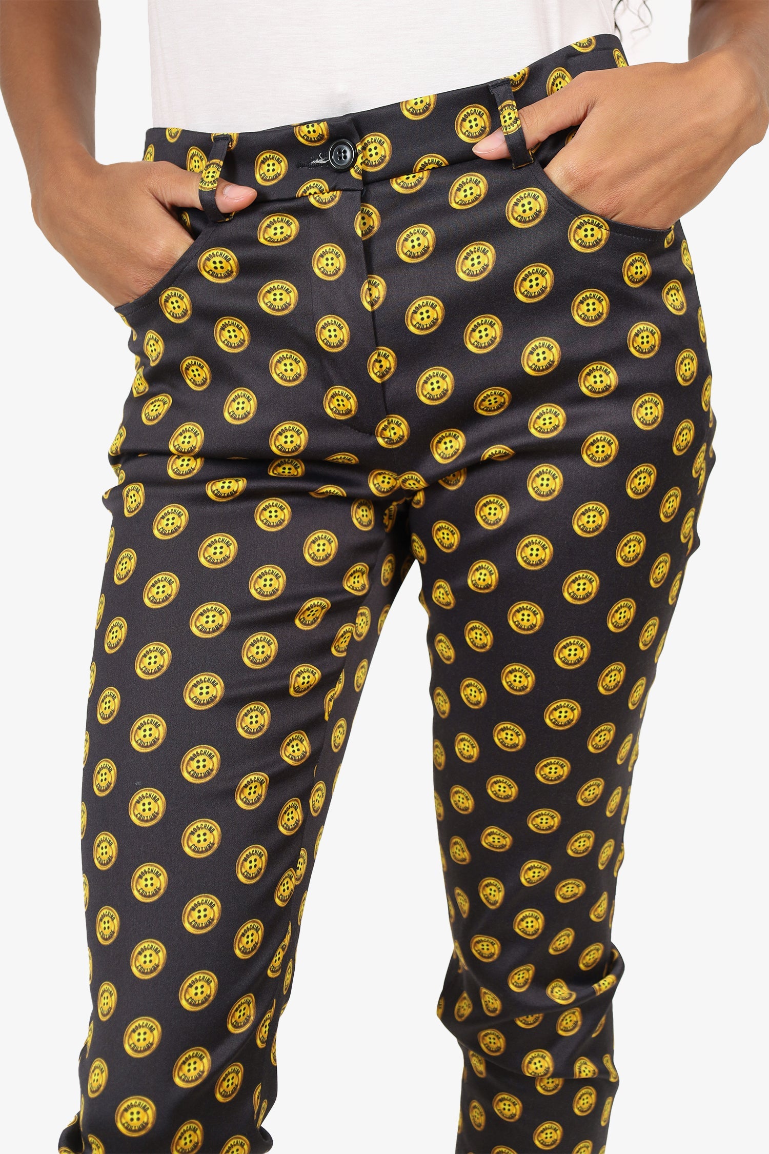 Moschino Couture Black/Yellow Button Print Straight Leg Trousers Size 6