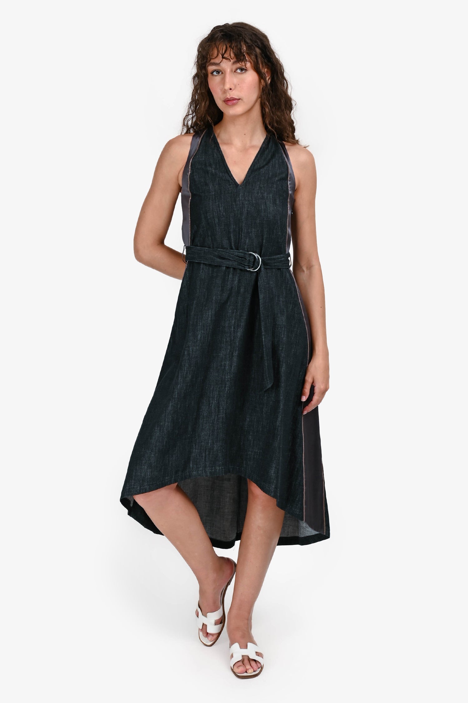 Brunello Cucinelli Dark Grey Denim Beaded Detail Belted Midi Dress Size XS