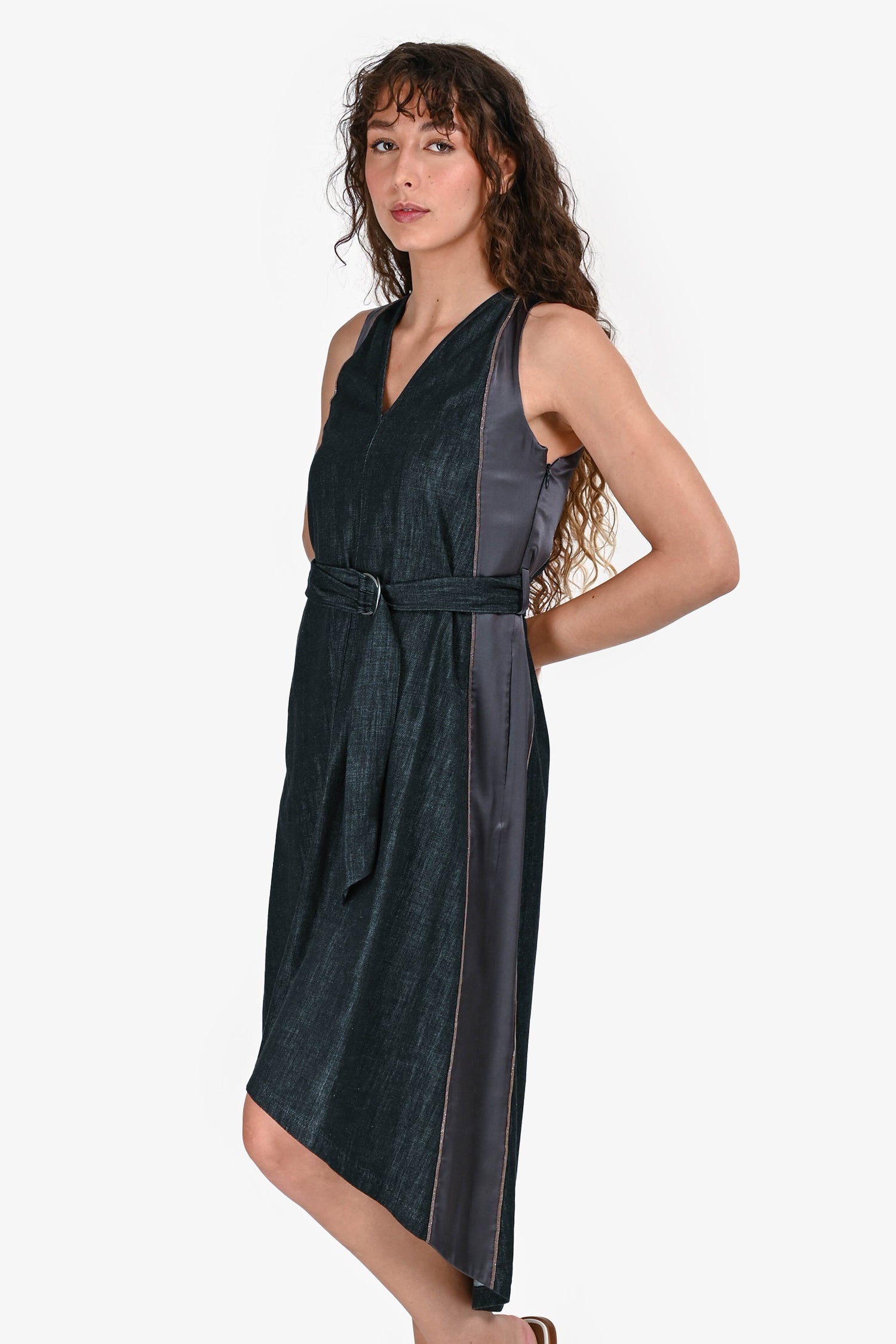 Brunello Cucinelli Dark Grey Denim Beaded Detail Belted Midi Dress Size XS